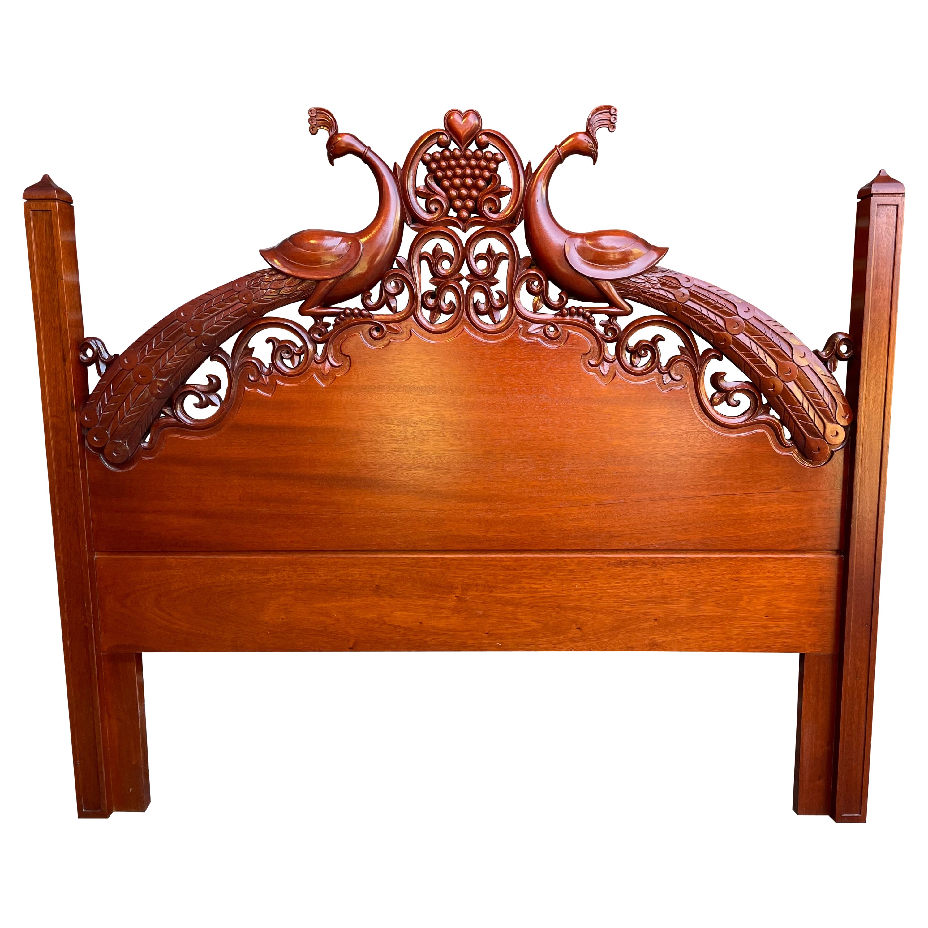 Carved Indonesian Vintage Headboard with Scrolling Foliage and Petite