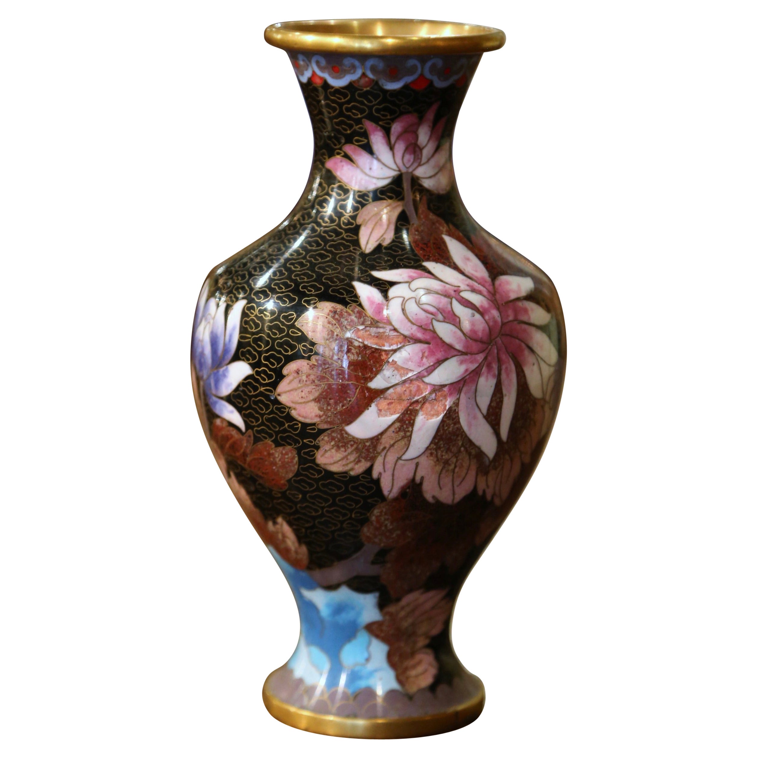 Vintage Chinese Cloisonne Champleve Enamel Vase with Floral Motifs For