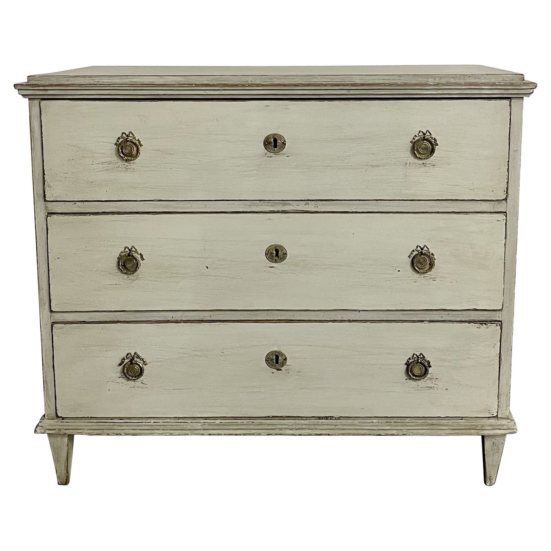 Gustavian Style Swedish Paint Decorated Dresser / Nightstand, Brass