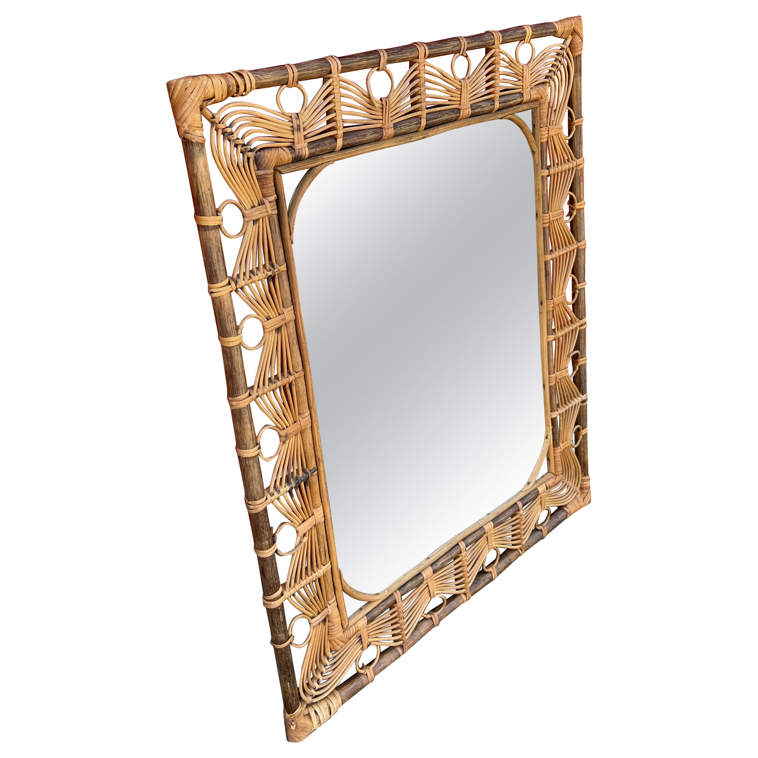 MidCentury Modern Bohemian Tan Arch Bamboo and Rattan Wall Mirror For