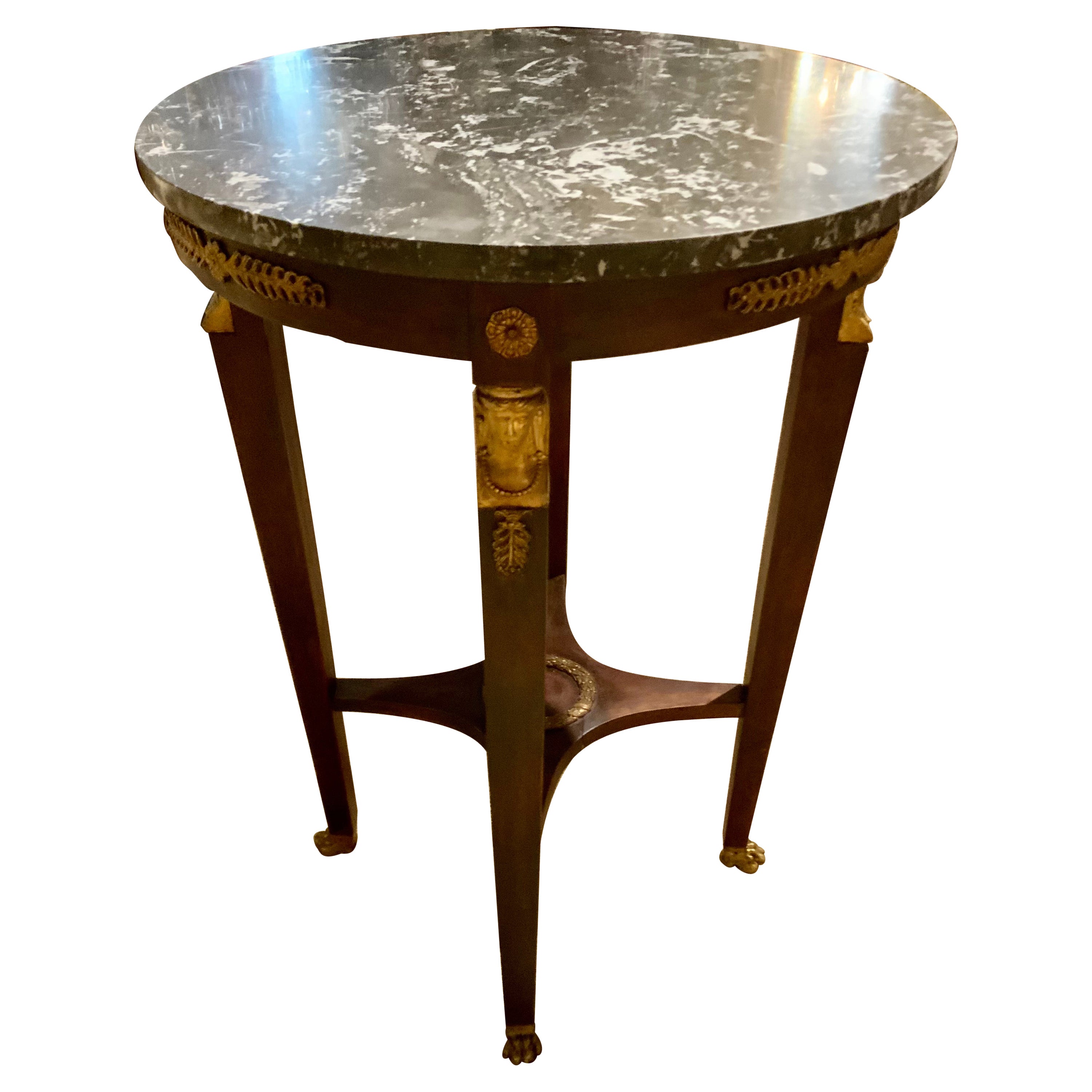 French Empire Style 1850s Burl Table with Marble Top and Corinthian