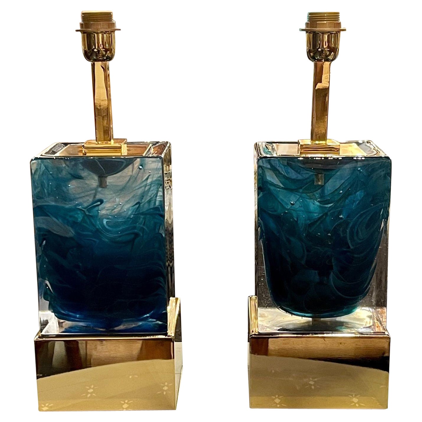 Modern Blue Murano Glass Block Lamps on Brass Base For Sale at 1stDibs