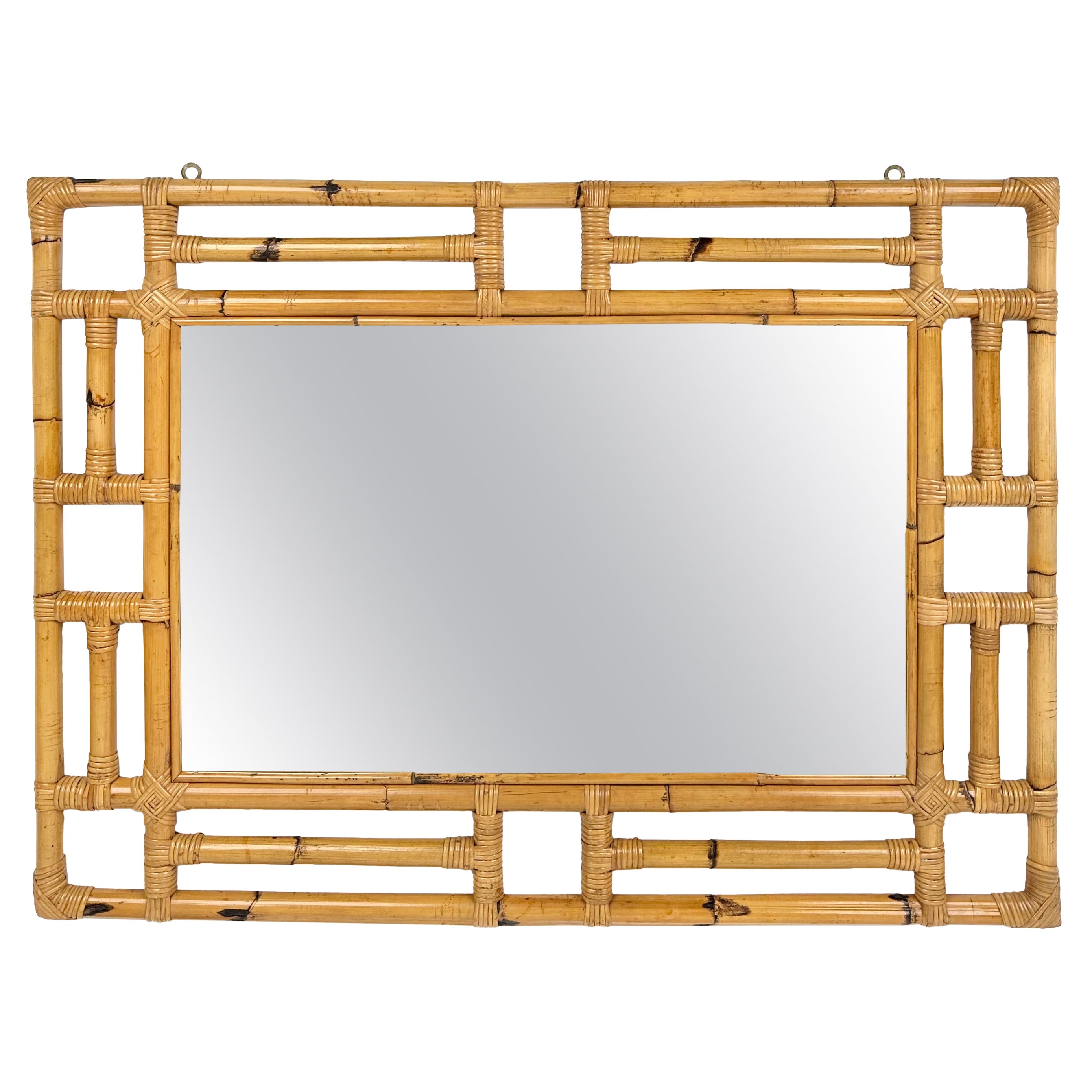 MidCentury Rectangular Wall Mirror in Bamboo and Rattan, Italy, 1970s