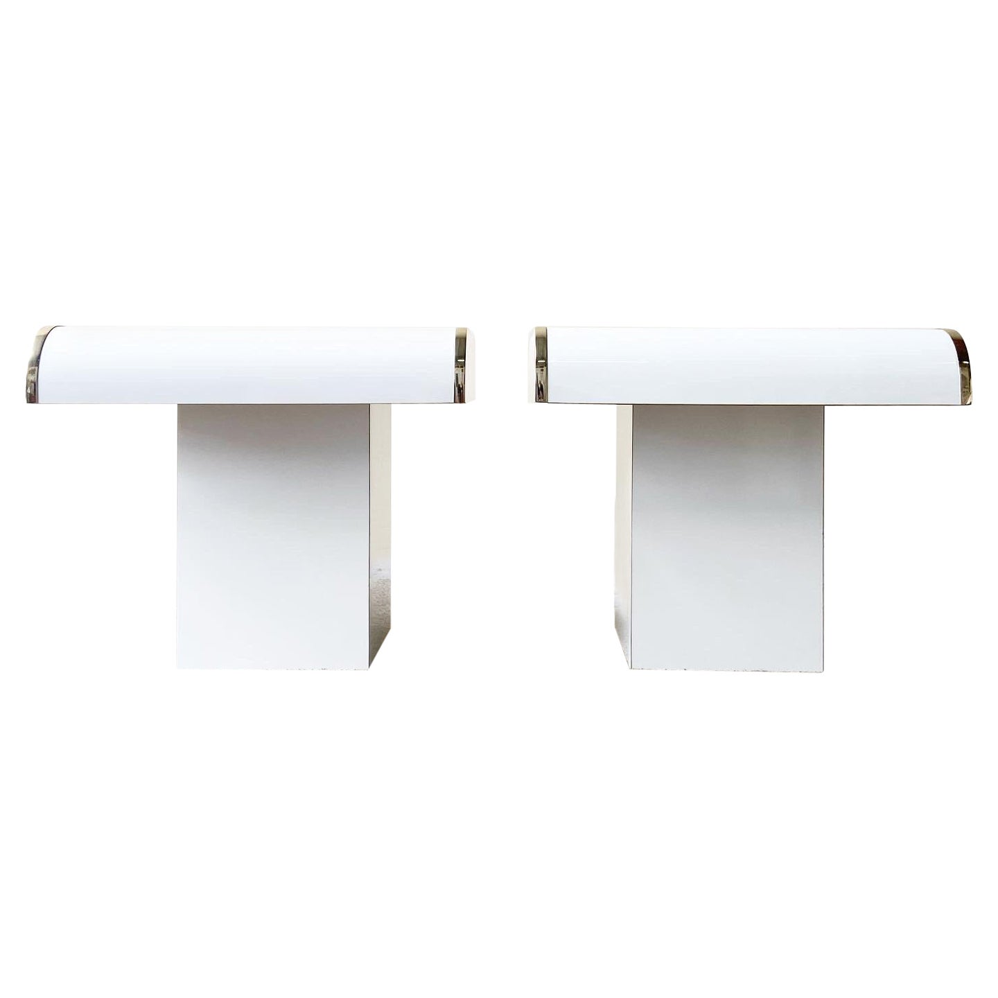 Pair of Postmodern White Lacquer Laminate Waterfall Side Tables with