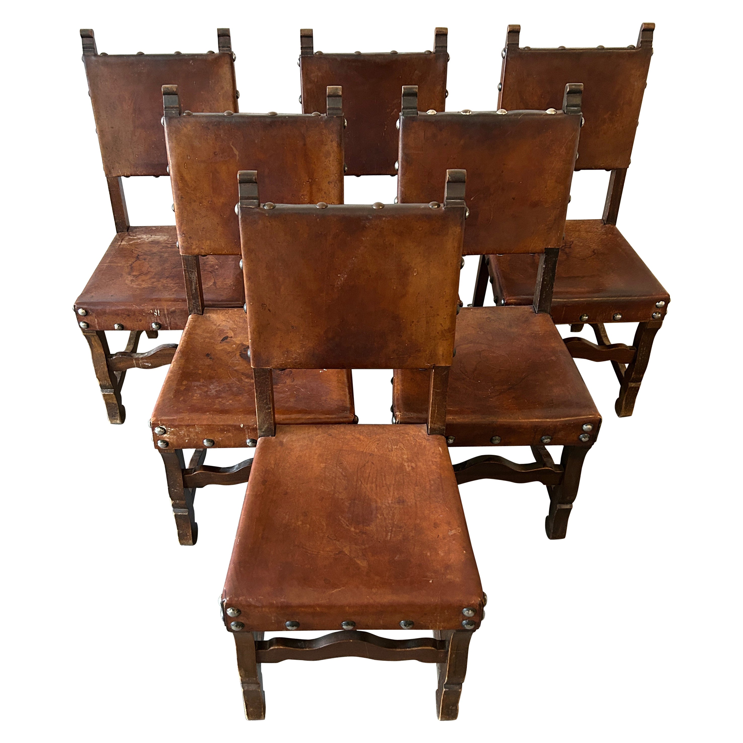 Set of 6 rustic Spanish sling chairs leather and Elm great patina For
