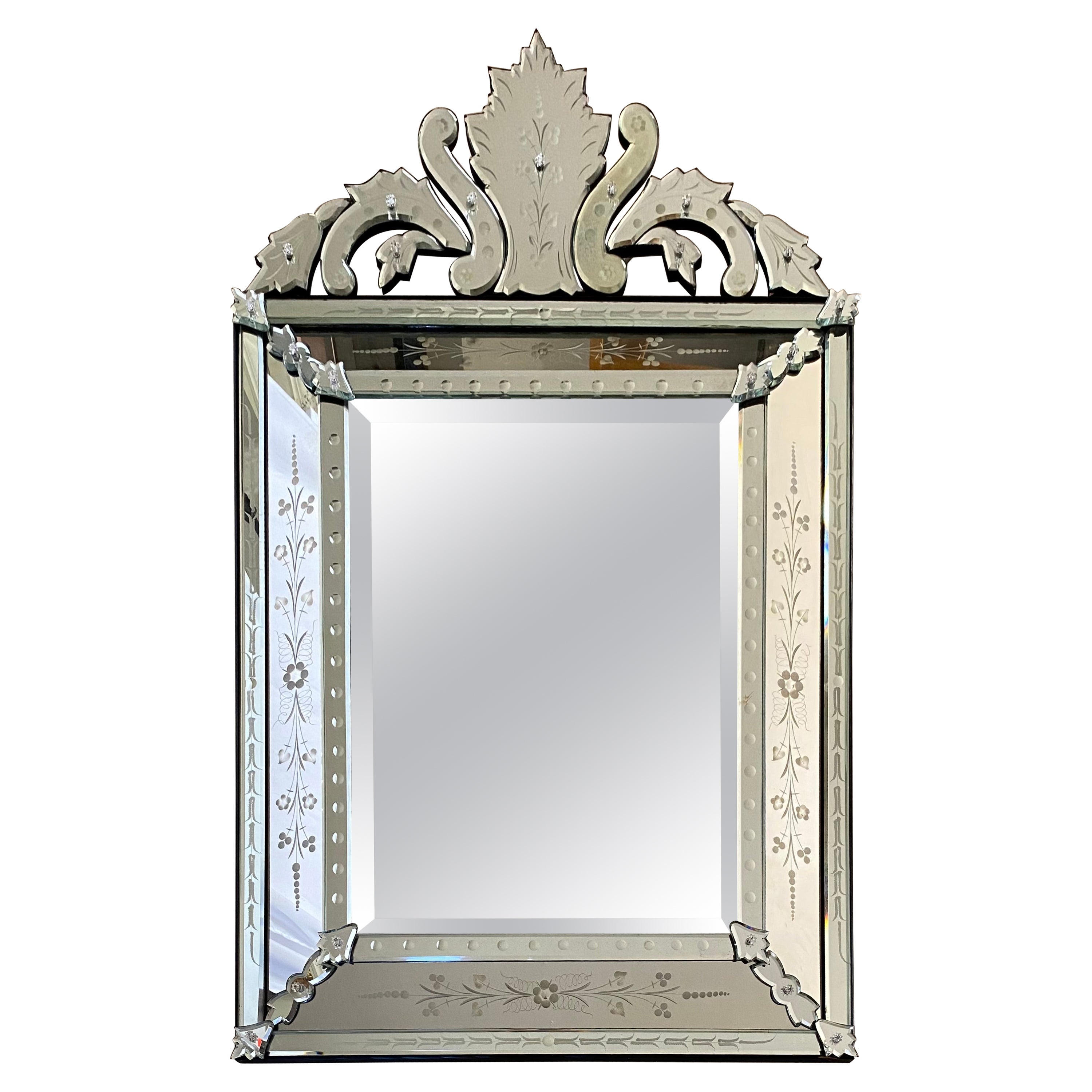 Large Antique Mirror Reverse Etched and Beveled For Sale at