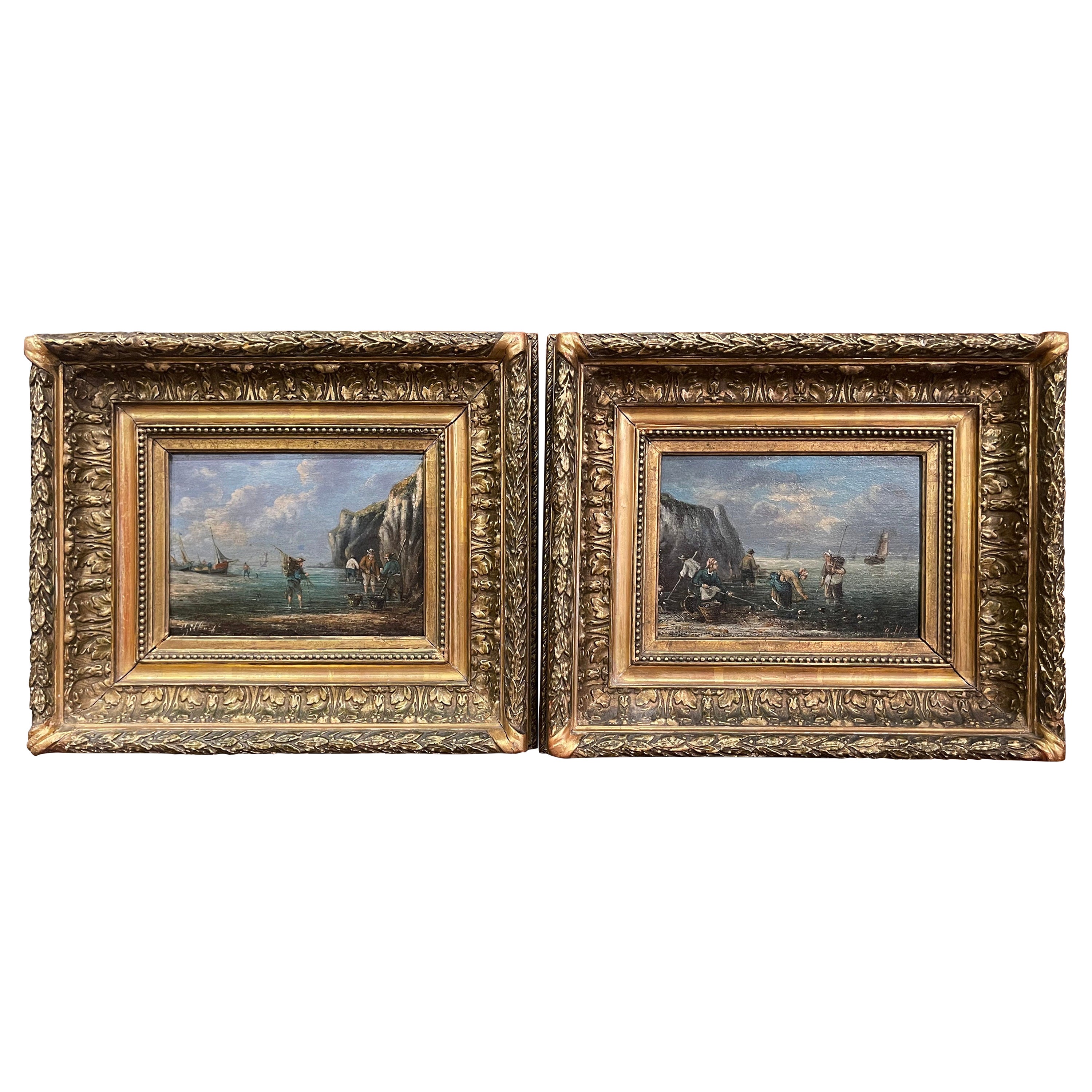 Pair of 19th Century French Signed Fishing Scenes Paintings in Carved Frames For Sale at 1stDibs
