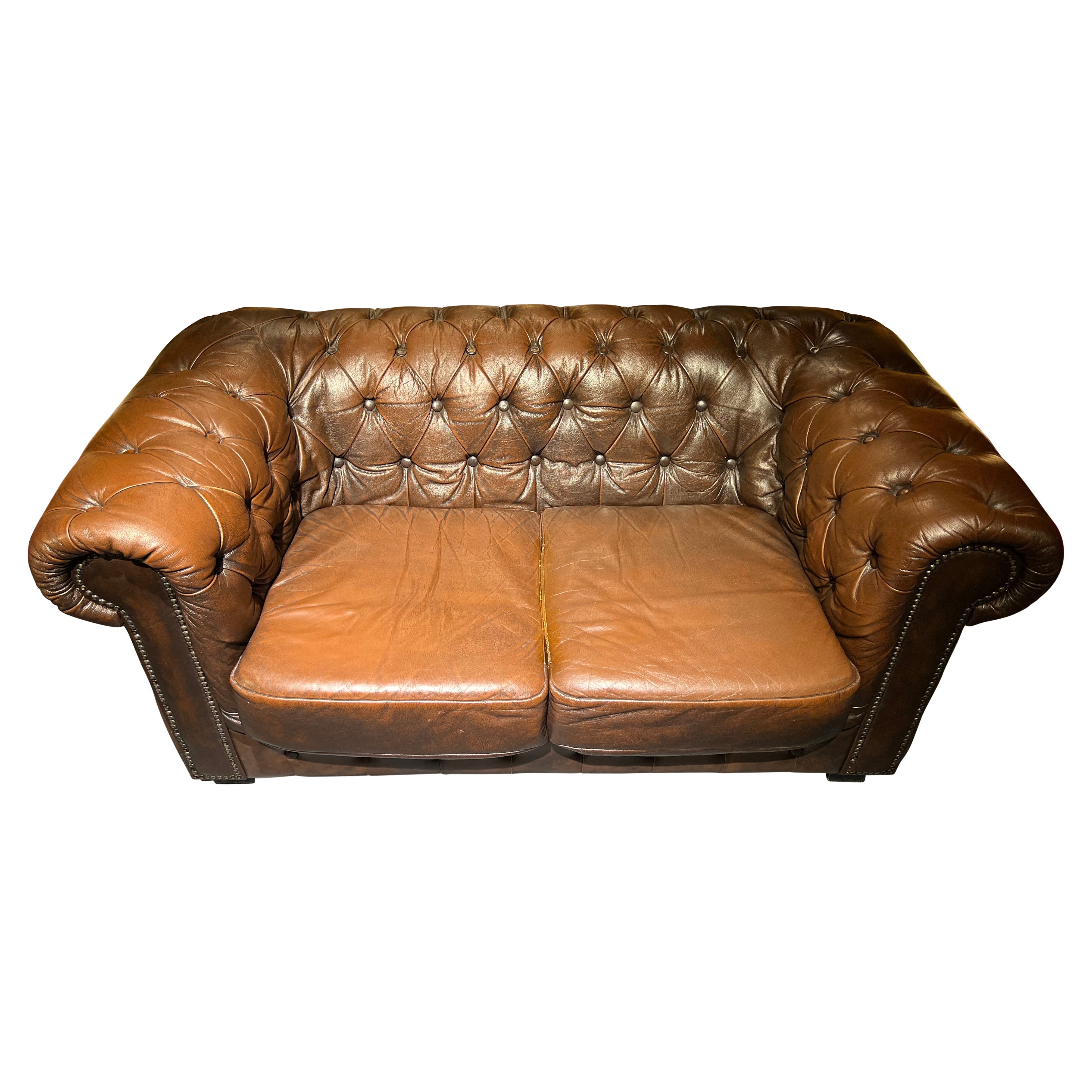 Chesterfield Tudor Leather Sofa Dark Red Two Seater Couch at 1stDibs