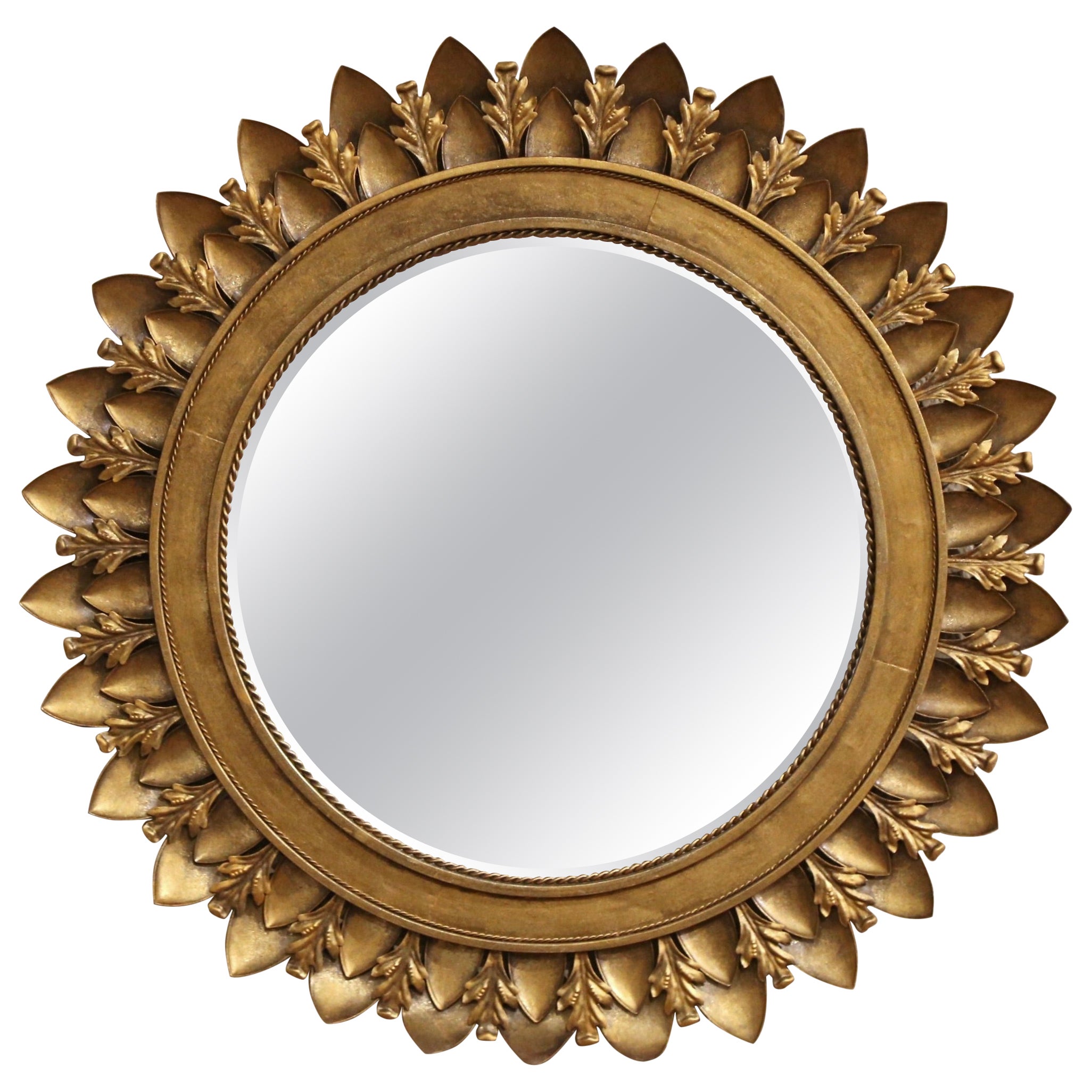 Mid20th Century French Carved Gilt Wood and Tile Round Sunburst Mirror