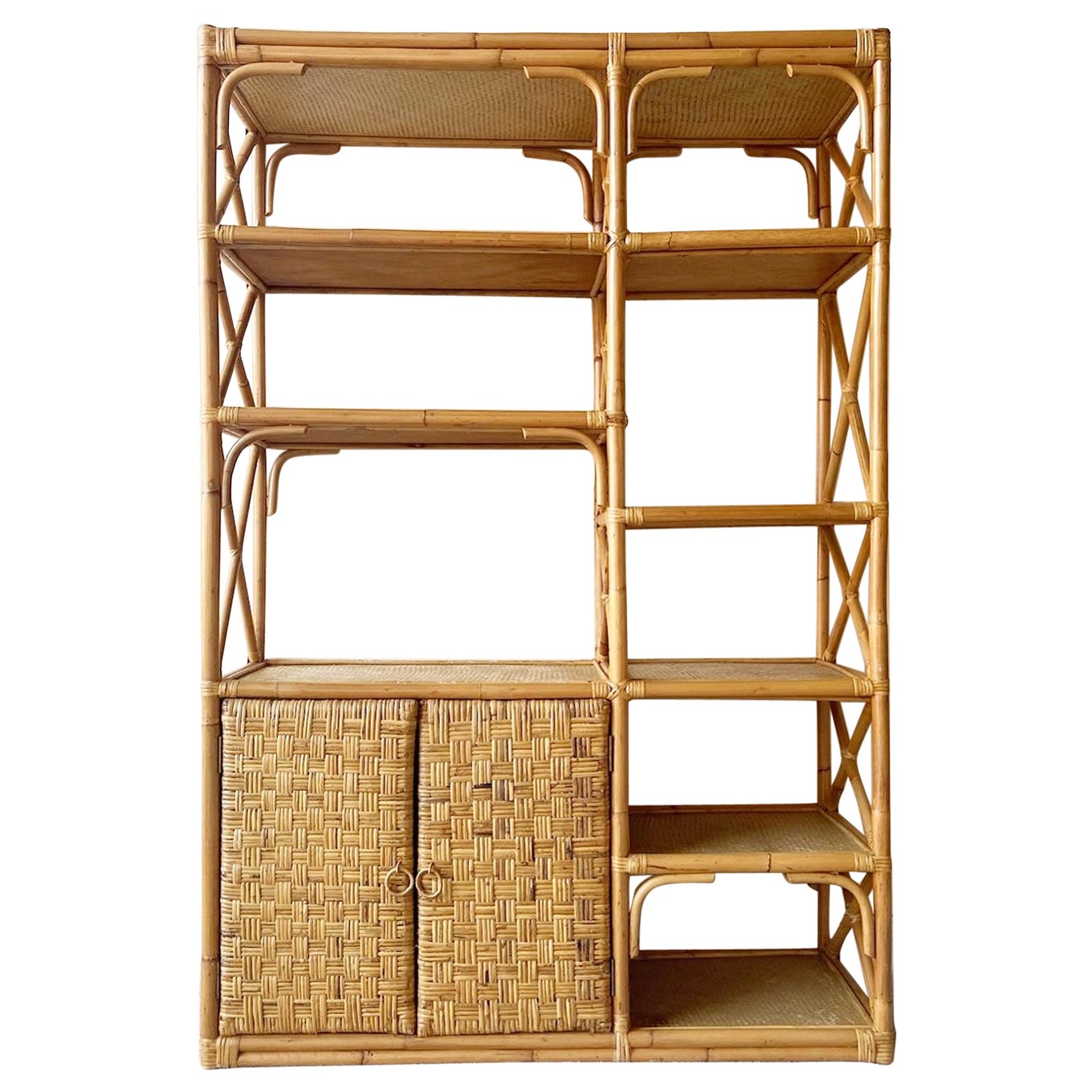 Boho Chic White Bamboo Rattan and Wicker Etagere / Bookcase For Sale at