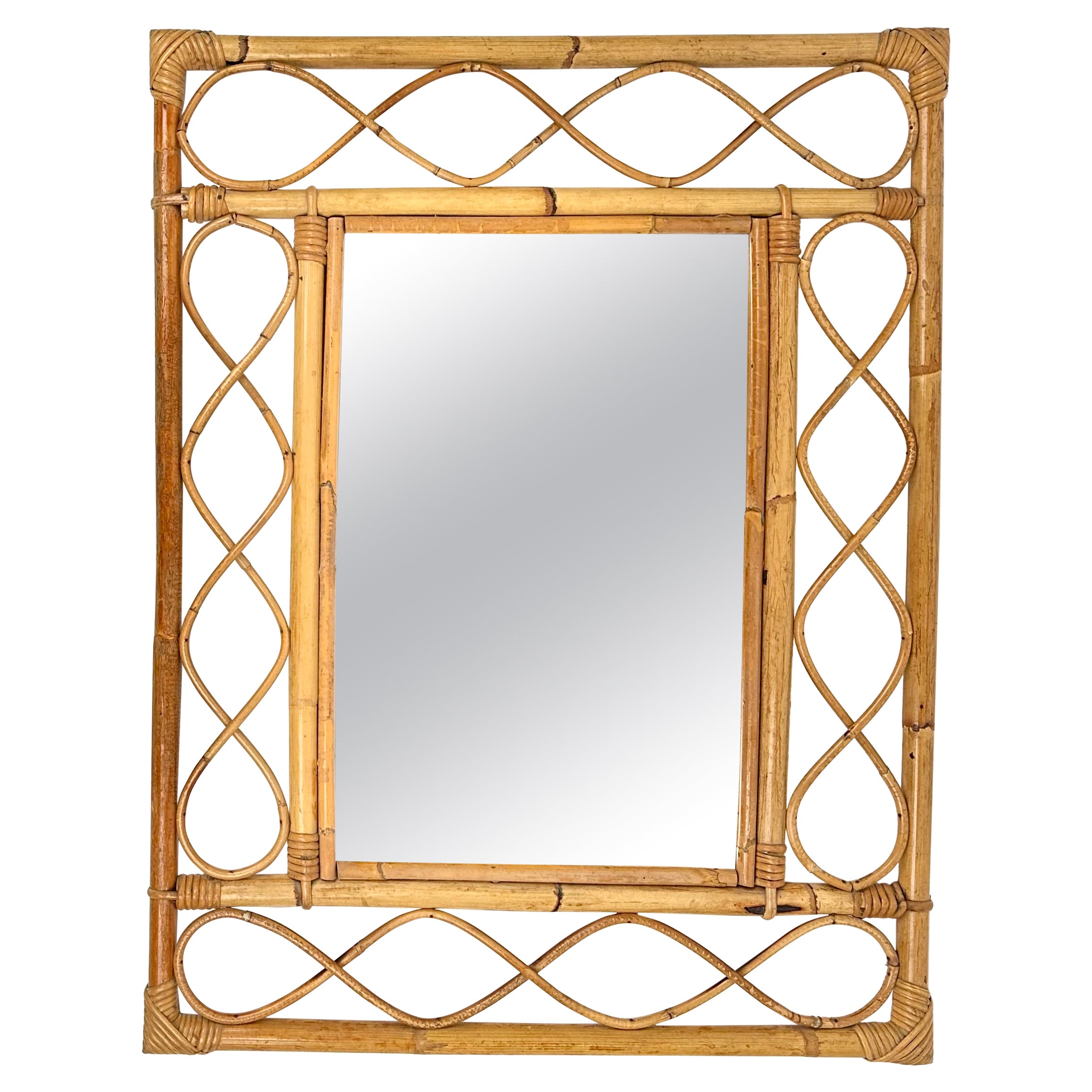 MidCentury Bamboo and Rattan Rectangular Wall Mirror, Italy 1960s For
