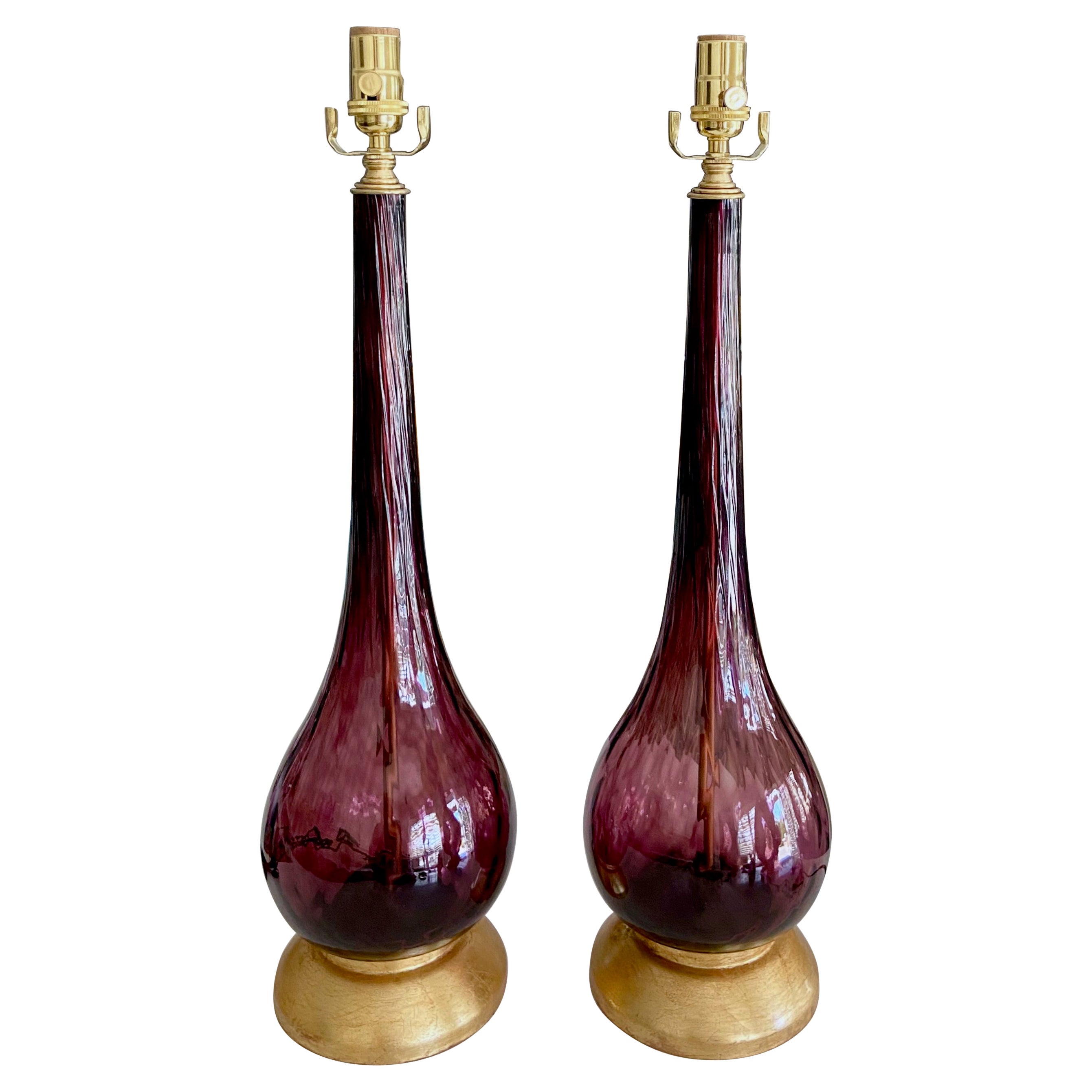 Modern Pair of Purple Glass Table Lamps at 1stDibs purple lamps, purple glass lamps, purple