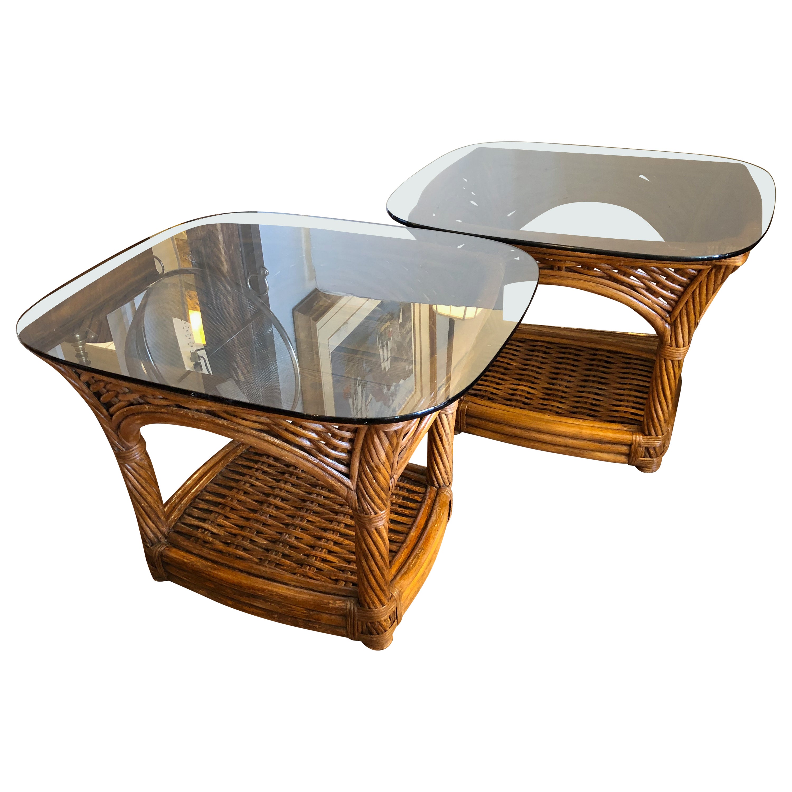 Handsome Pair of MidCentury Modern Rattan and Smoky Glass End Tables For Sale at 1stDibs
