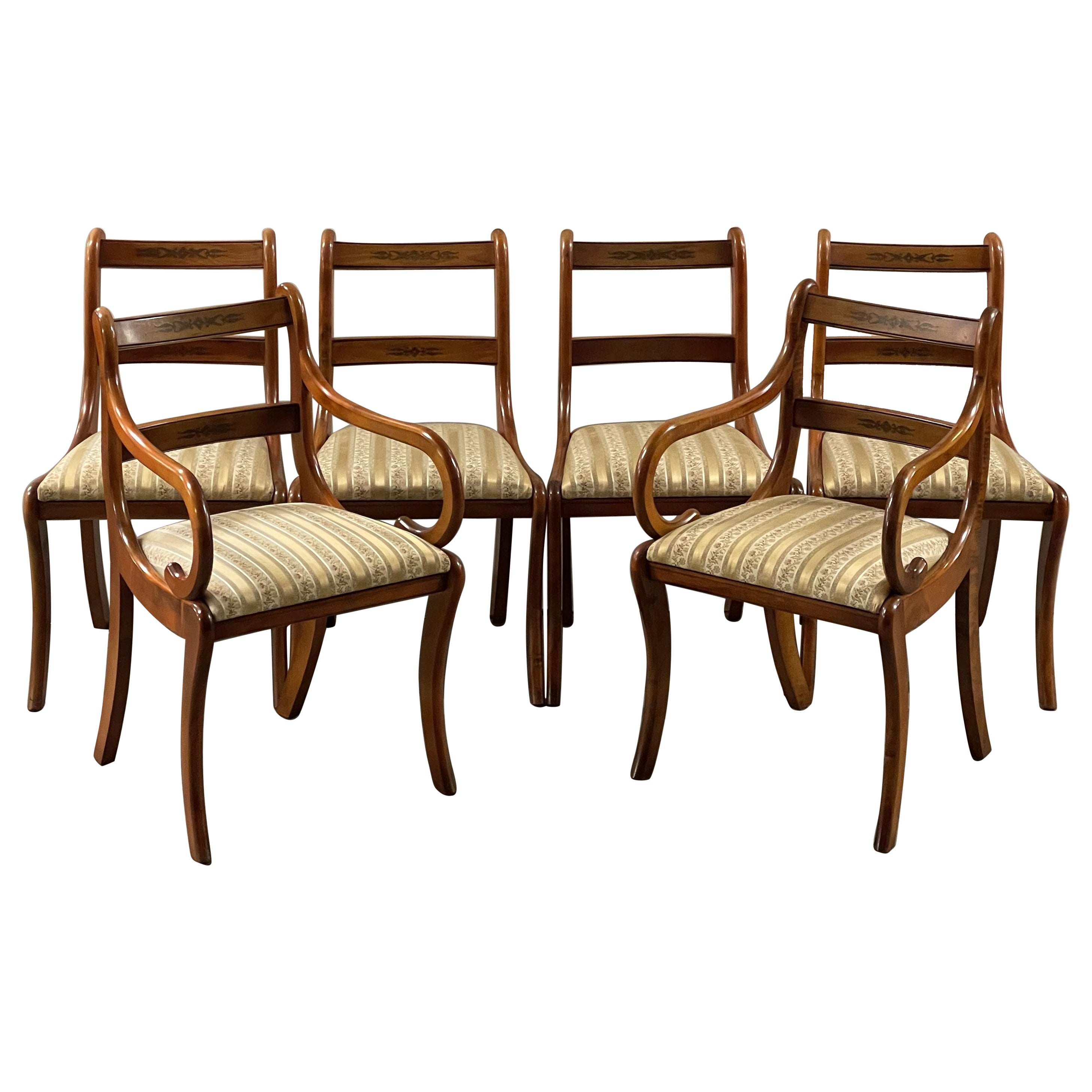 Vintage Suite of Six Yew Wood Dining Chairs Including Two Carvers at