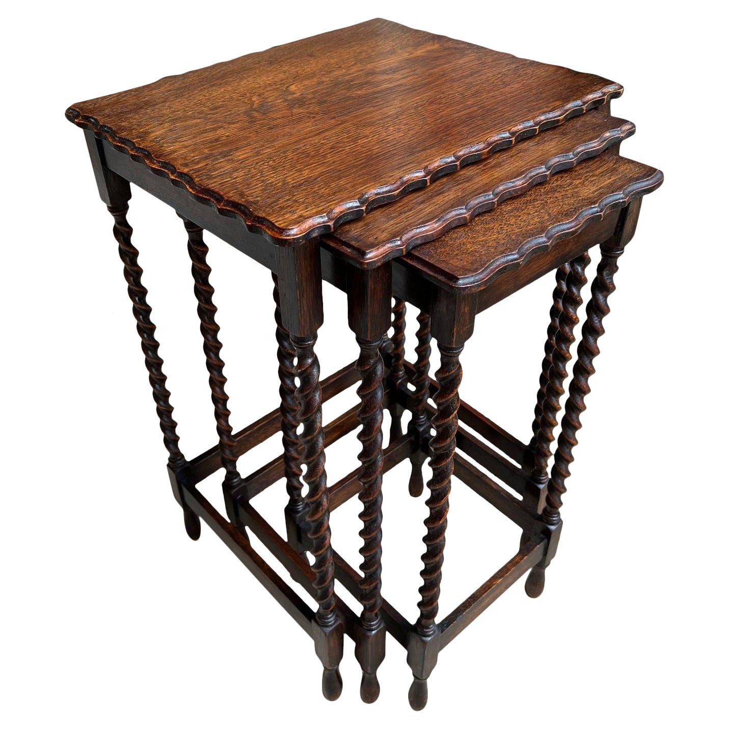 Set 3 Antique English Nesting Table End Sofa Table Barley Twist Tiger