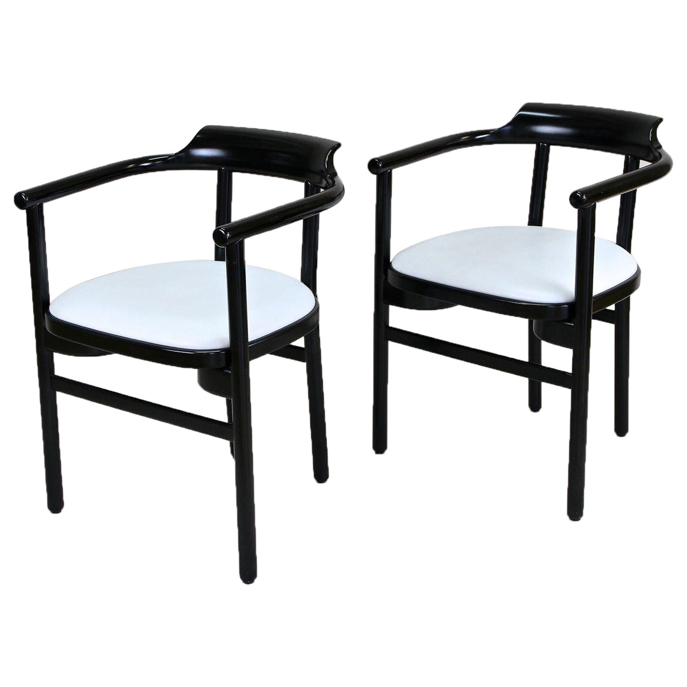 Pair of Black Armchairs with White Leather Upholstery by at
