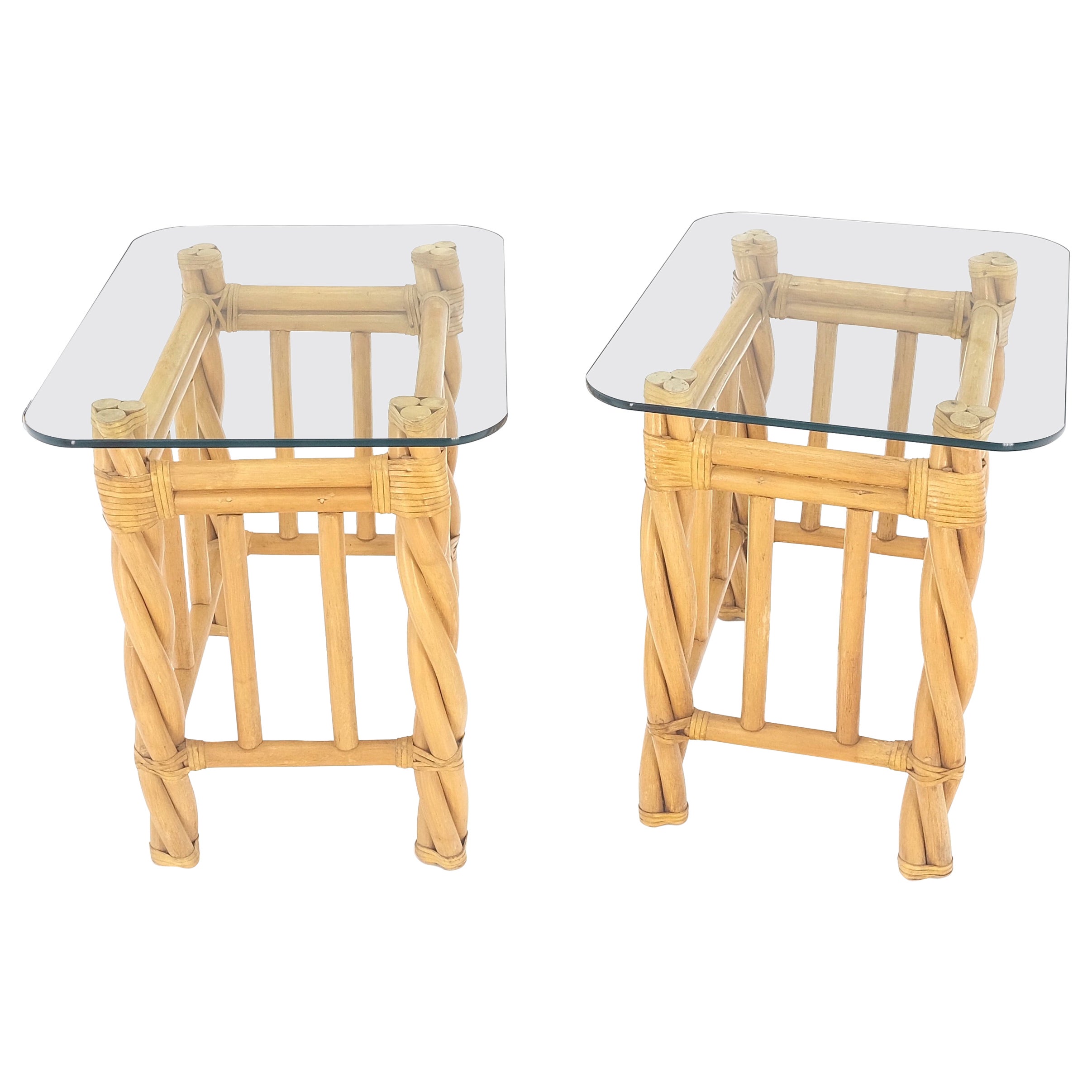 Pair Decorative Twisted Rattan Rectangle End Side Tables Stand Rounded