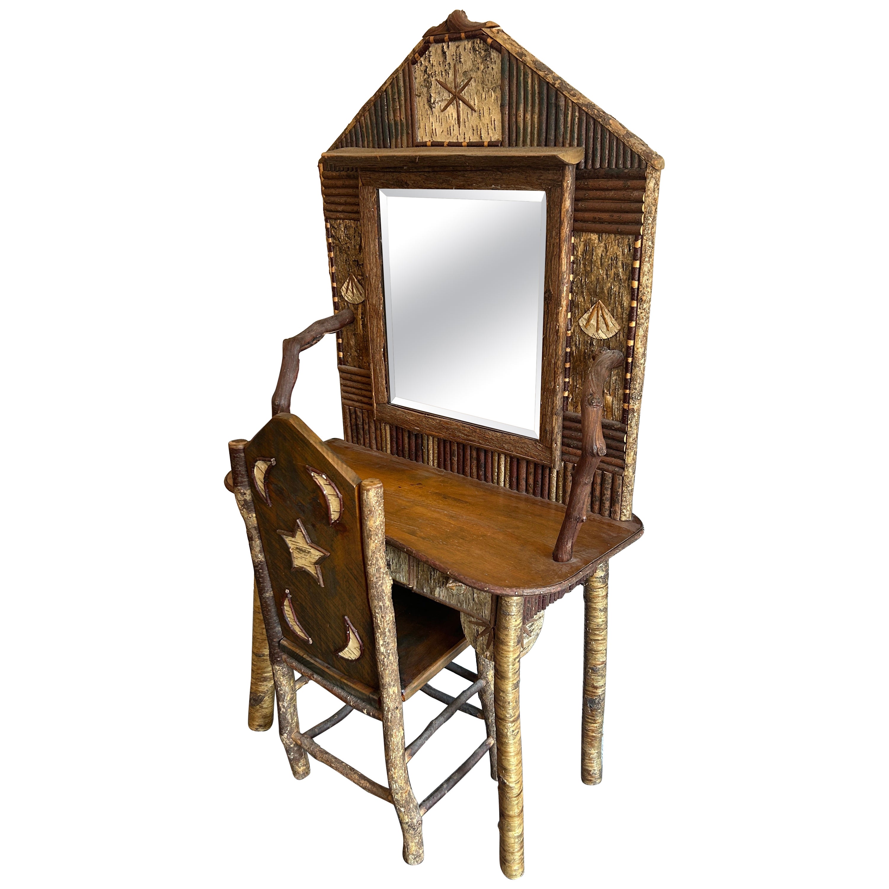 Whimsical rustic Adirondack child’s Vanity Mirror desk and chair studio