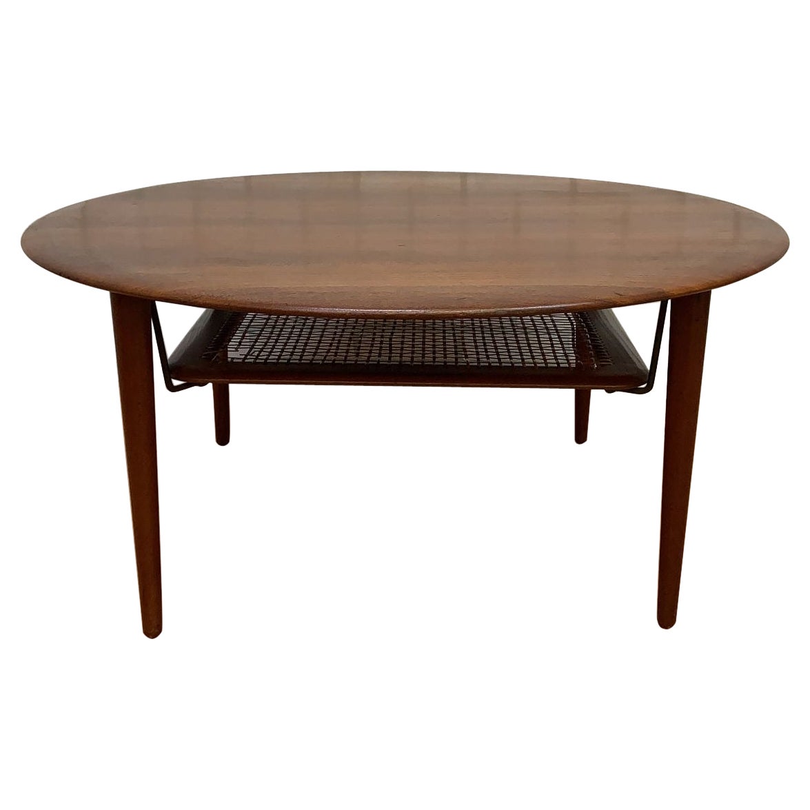 Vintage Danish Modern Solid Teak Coffee Table with Rattan Shelf For
