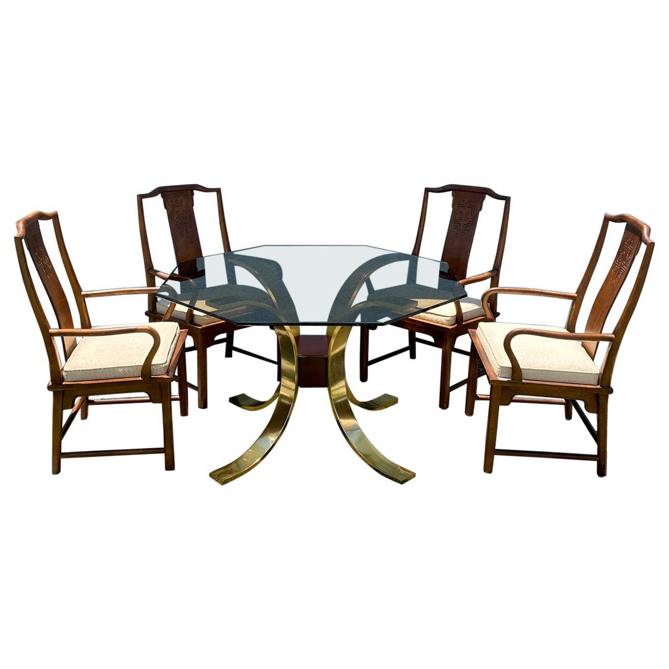 1970s Mastercraft Brass and Wood Dining Table and Chairs, Set of 5 For