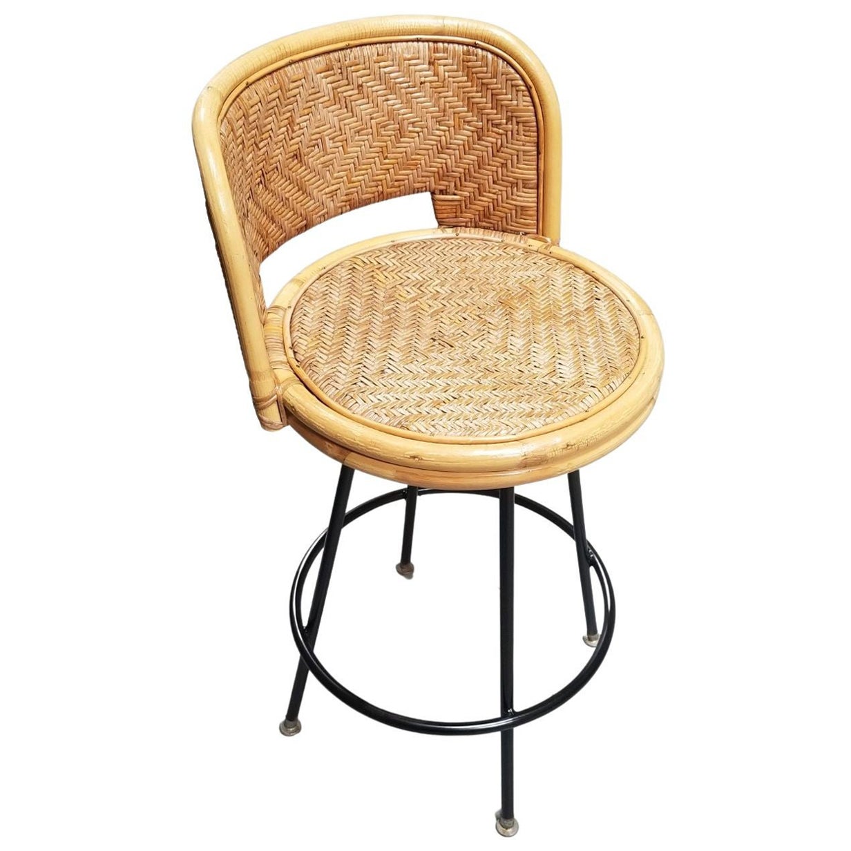 Seng of Chicago Swivel Wicker and Iron Bar Stools, Pair at 1stDibs