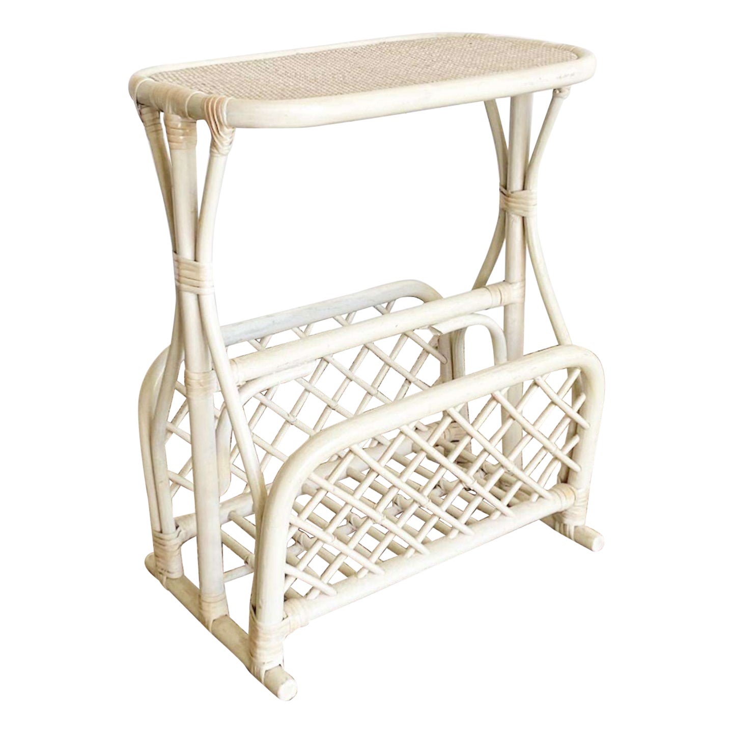 Boho Chic Off White Bamboo Magazine Rack Side Table For Sale at 1stDibs
