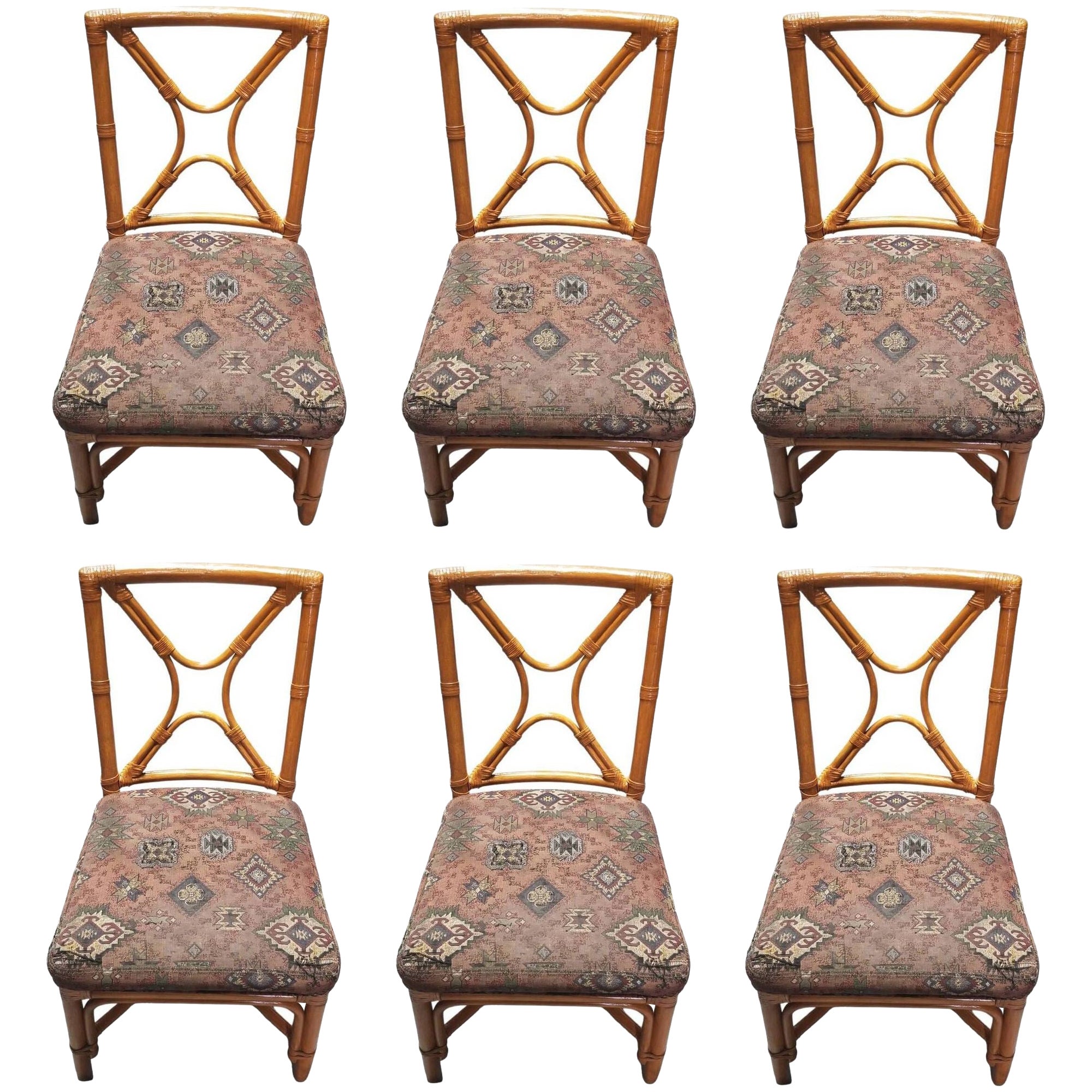 Restored Rattan set of 6 Dining Chairs Featuring Xback and Leather