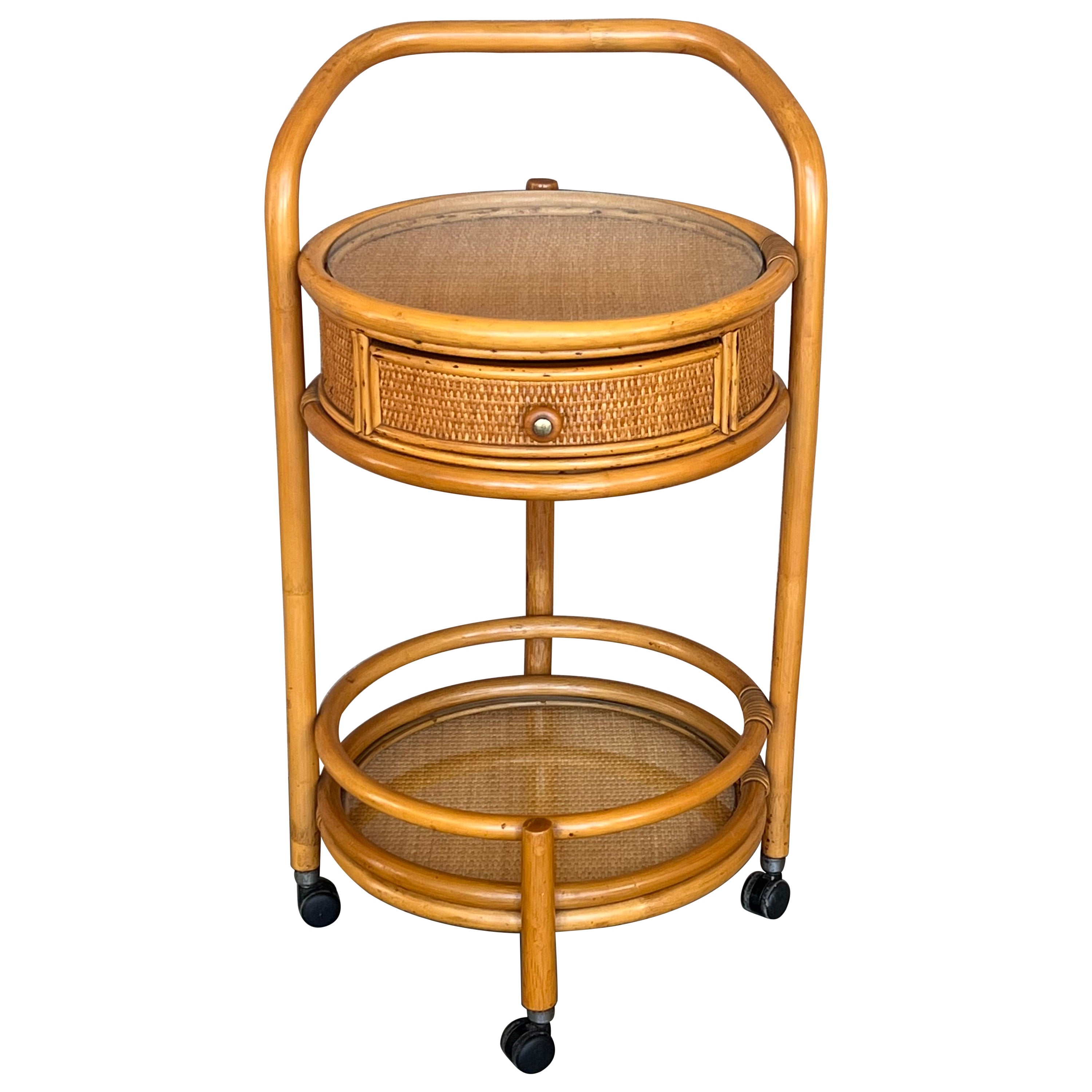 Mid 20th Century Round Serving Bar Cart Trolley in Bamboo and Rattan