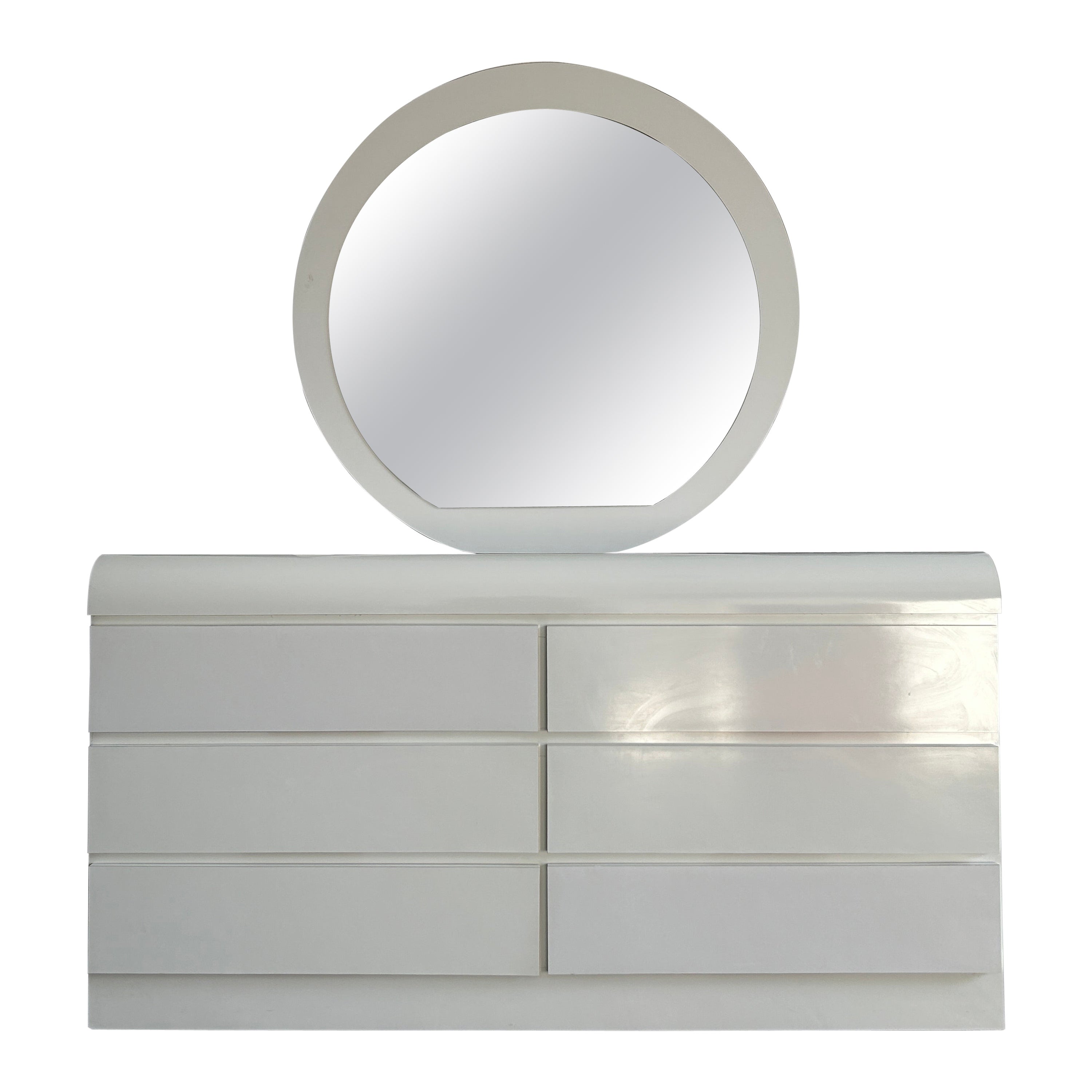 Post modern white Gloss Laminate waterfall 6 Drawer Dresser with round