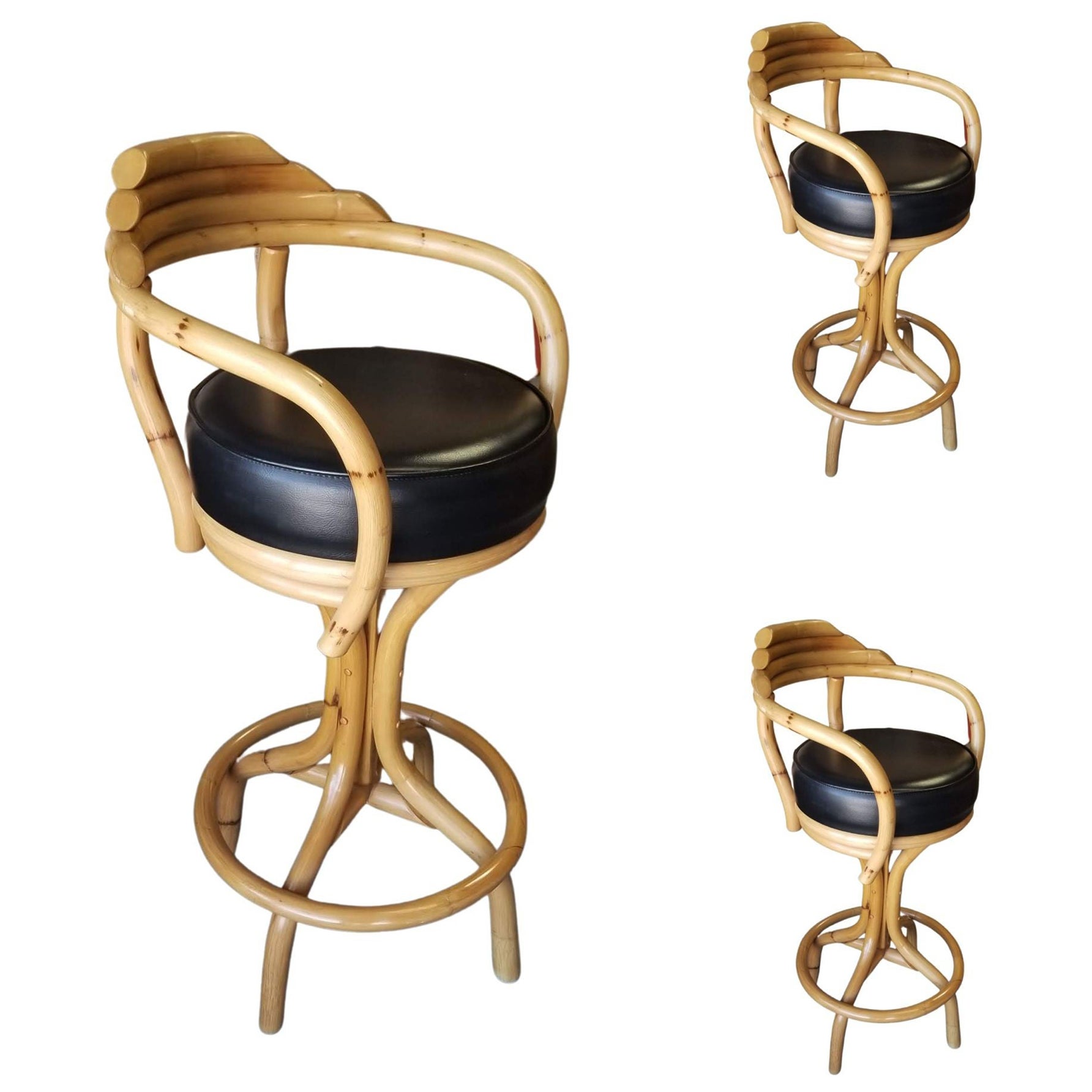 Set of 3 Traditional Wood and Rattan Bar Stools at 1stDibs