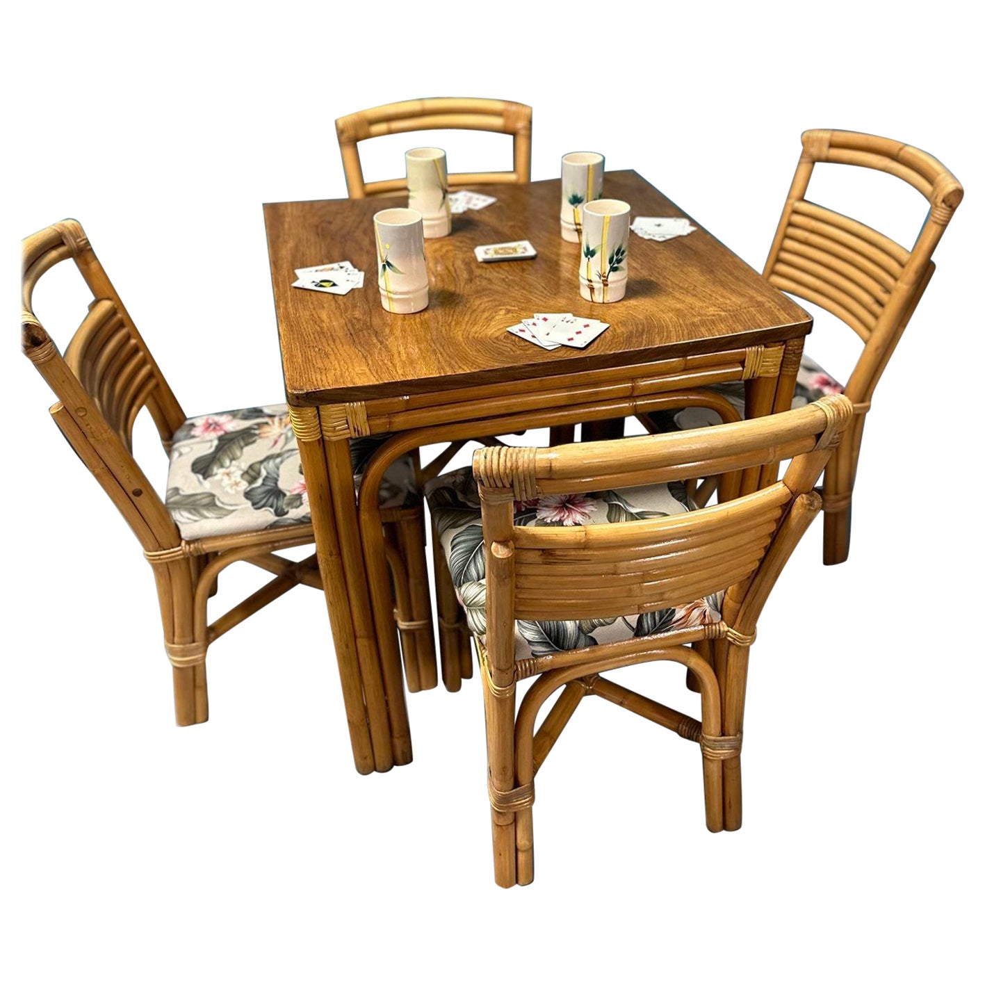 Restored Rattan Square Koa Wood Dining Table with Stacked Rattan Chairs