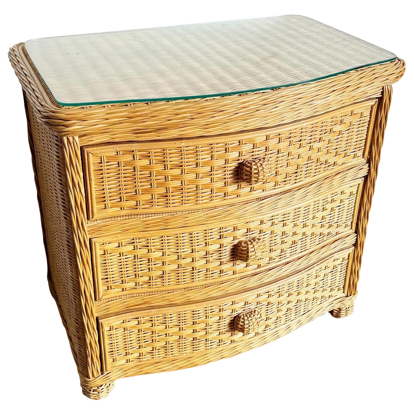 Boho Chic Wicker Glass Top Chest of Drawers For Sale at 1stDibs
