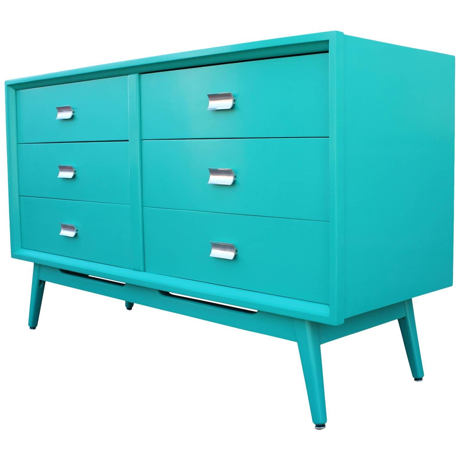 Modern Turquoise Lacquered Six Drawer Dresser with Chrome Hardware at