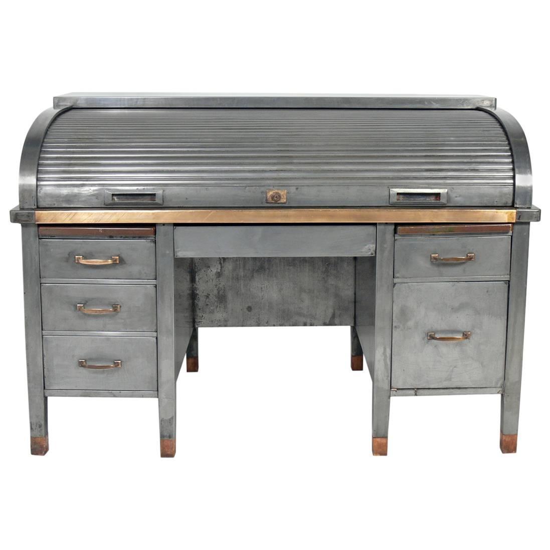 1930s Banker's Metal Roll Top Industrial Desk For Sale at 1stdibs