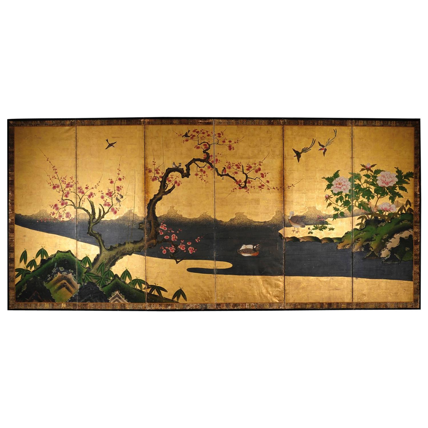 18th Century Antique Japanese Gold Leaf Screen with Blossoms and Birds For Sale at 1stdibs