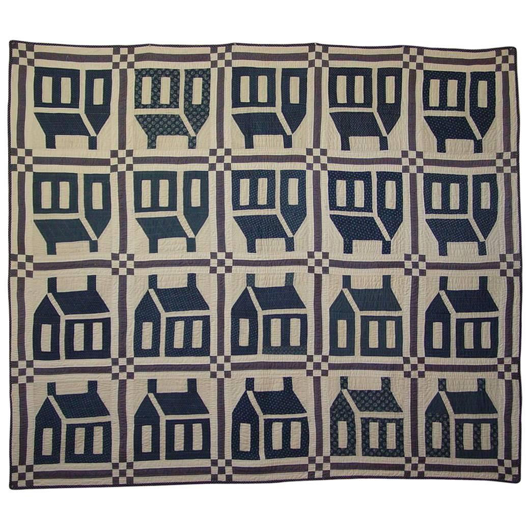 Blue and White Calico Schoolhouse Patchwork Quilt For Sale at 1stDibs