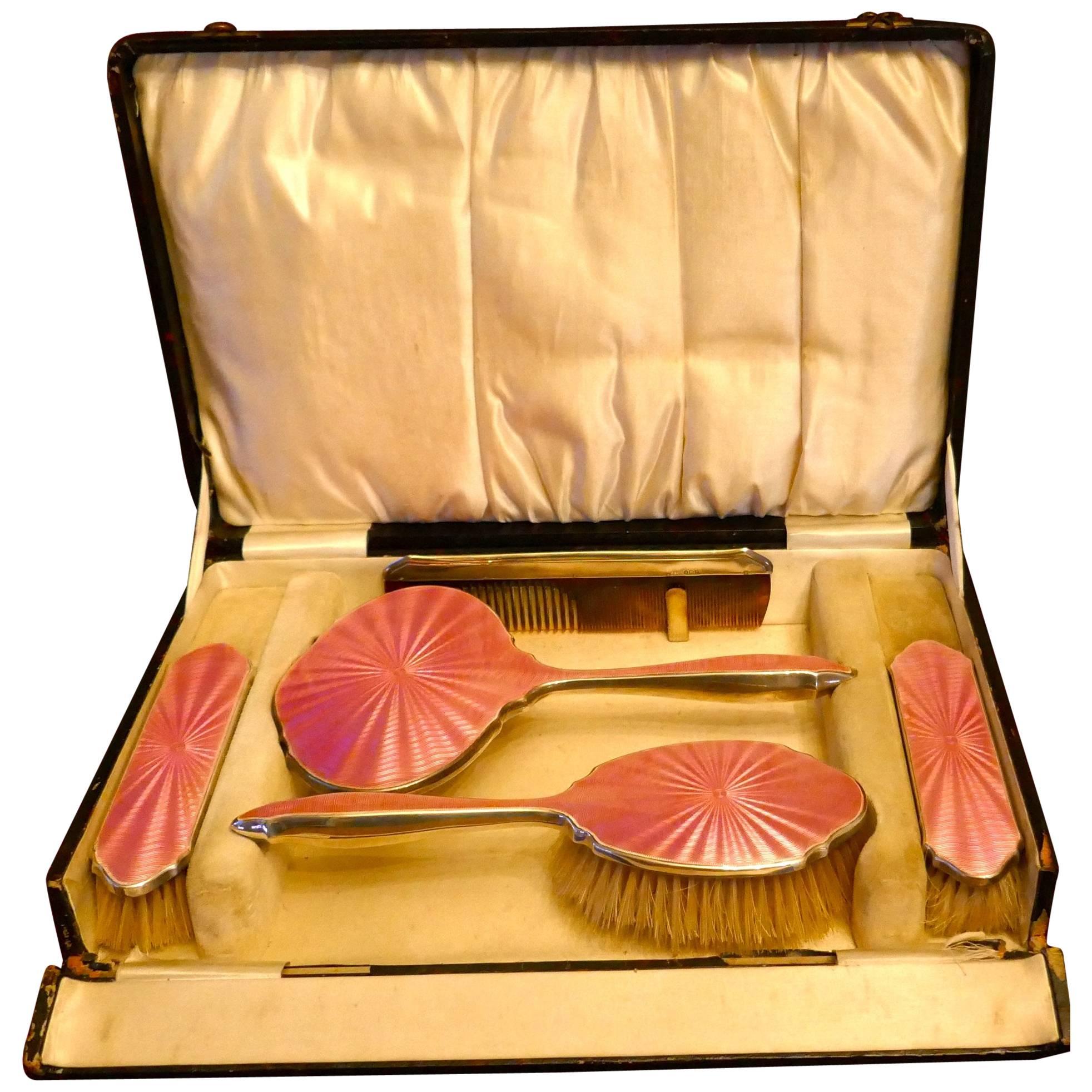 Solid Silver and Guilloché Dressing Table Vanity Set, Original Box at