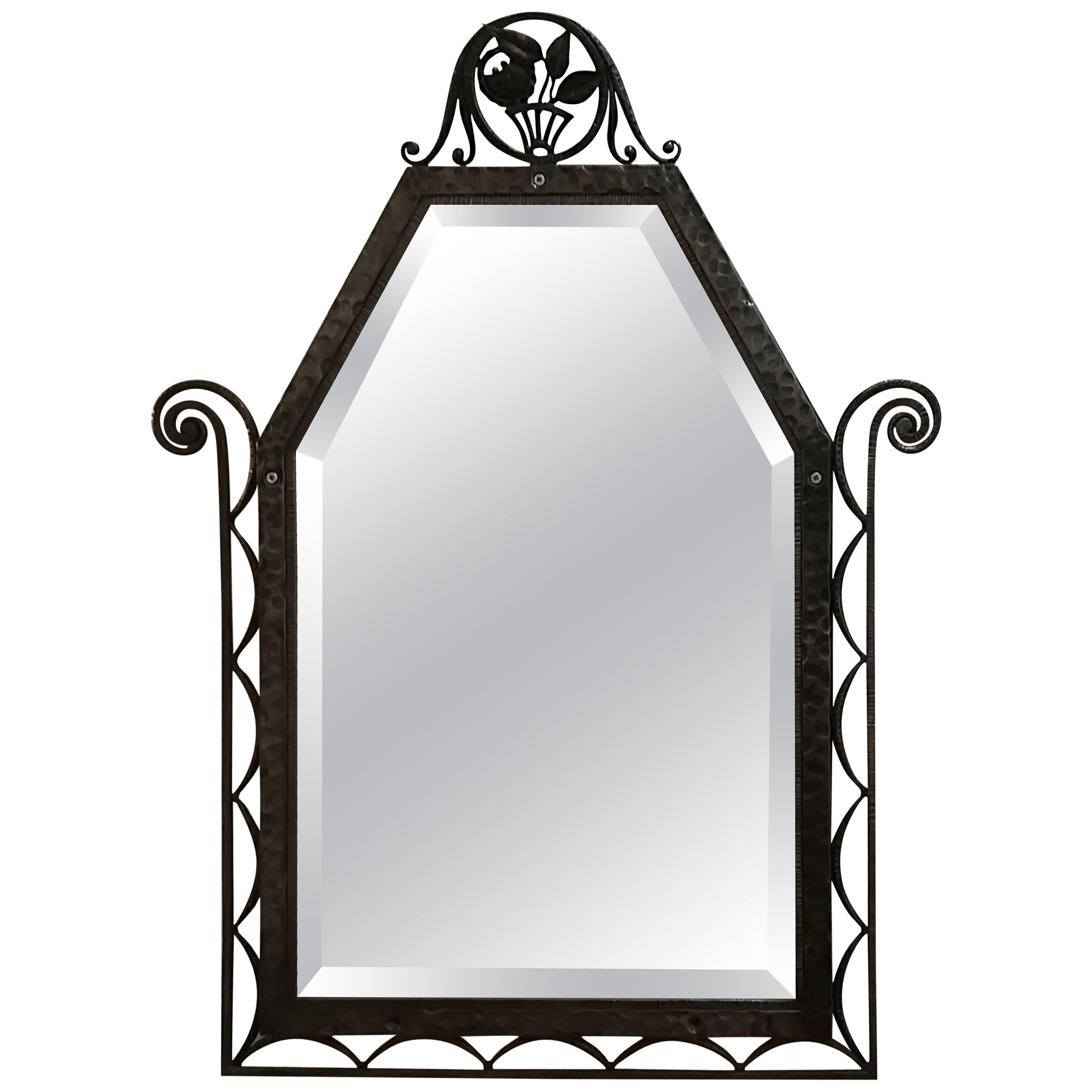French Art Deco Style Wrought Iron Floral Wall Mirror For Sale at 1stdibs