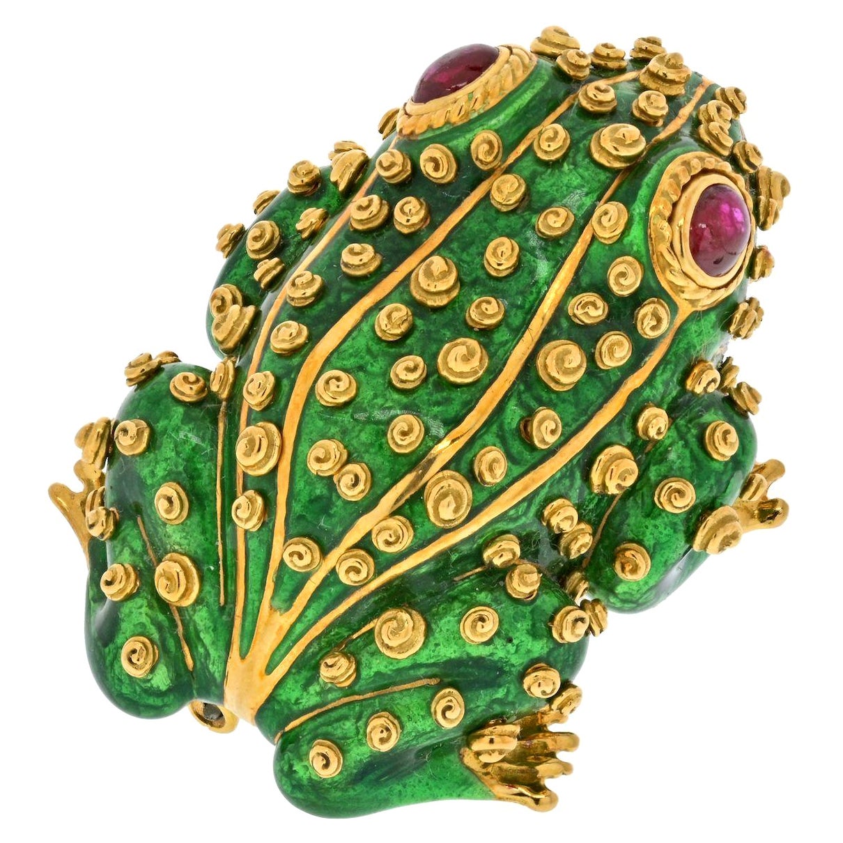 DAVID WEBB Lucky Frog Green Enamel Ruby Yellow Gold Pin Brooch at