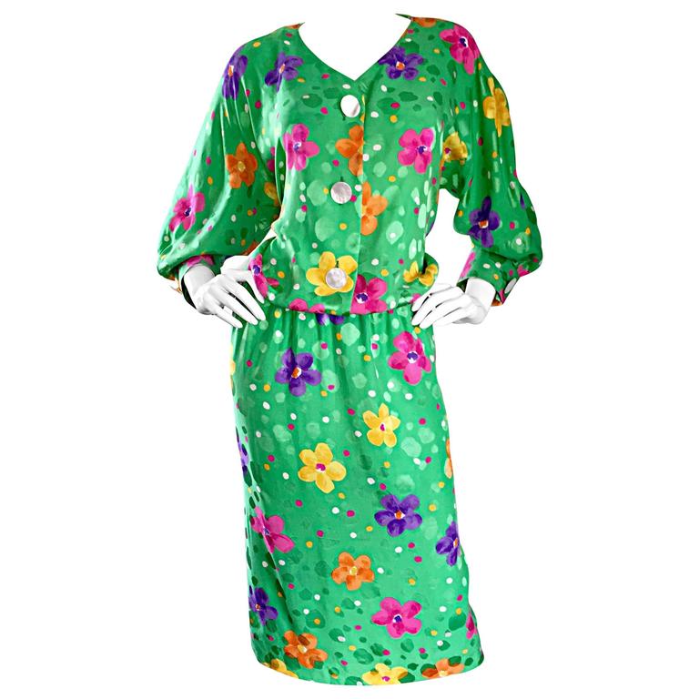 Beautiful Vintage Akris Green Silk Dress w/ Colorful Flower Print Size