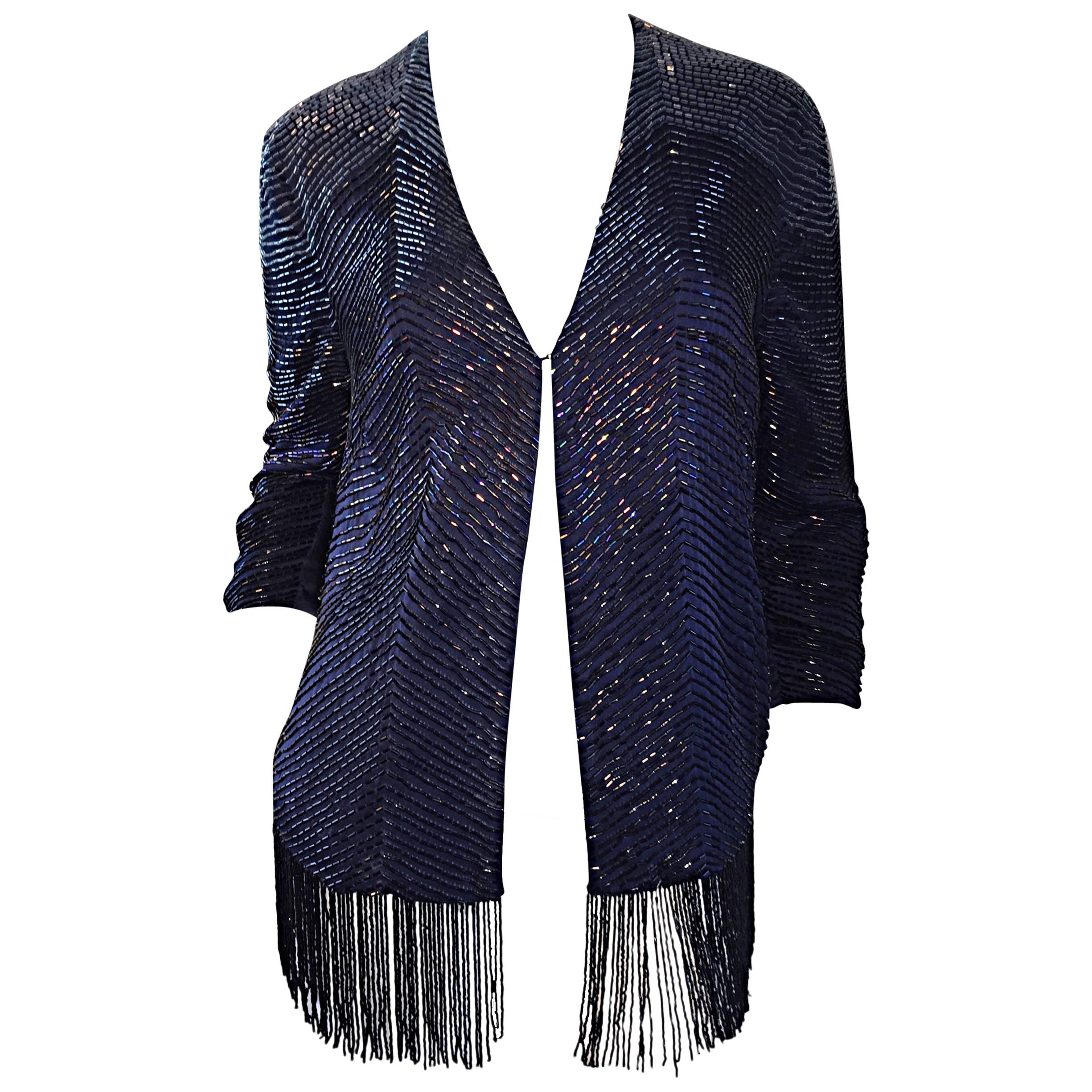Beautiful Vintage Navy Blue Glass Beaded Silk Fringed Cardigan Jacket