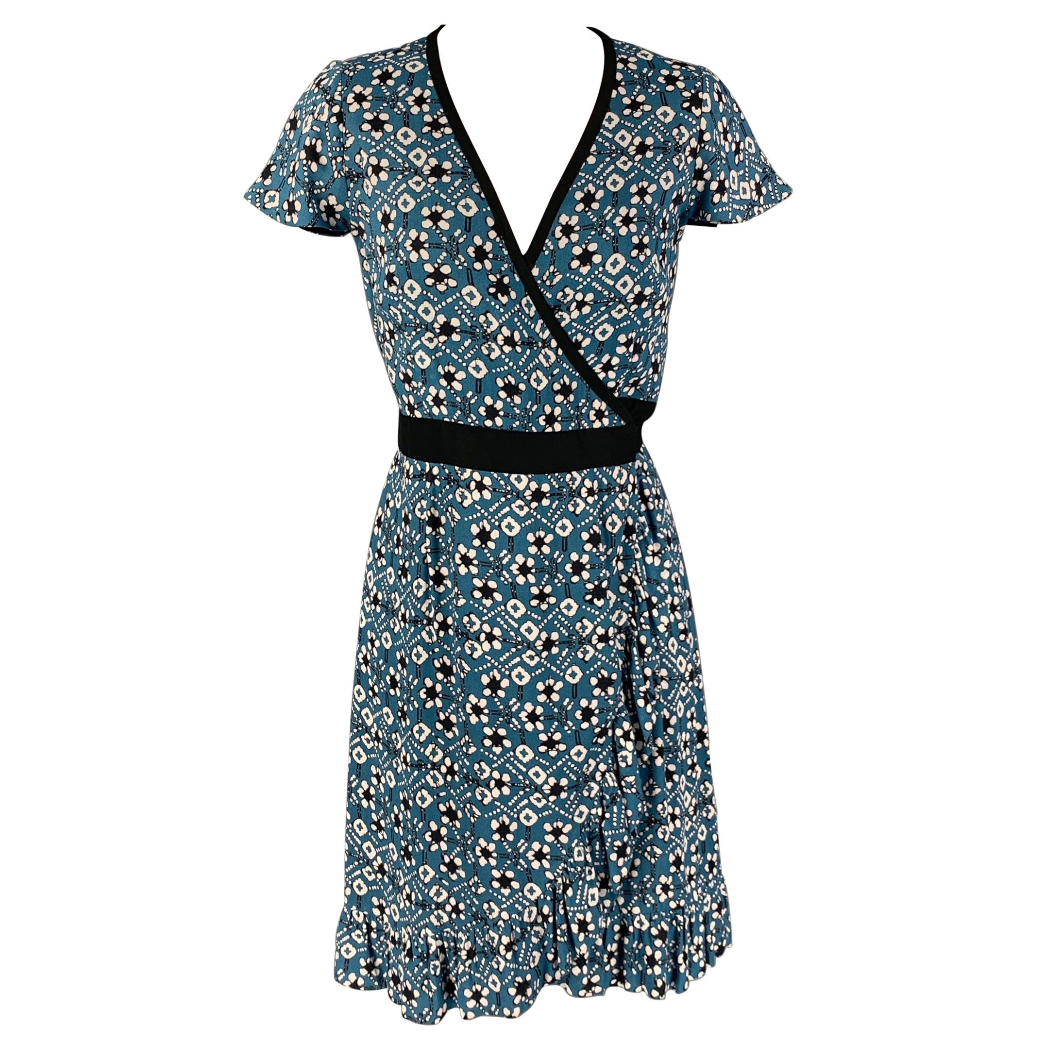 MARGARET OLEARY Blue White Black Abstract Floral Viscose Wrap Dress For