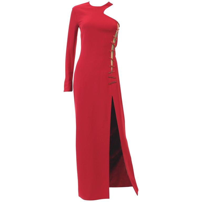 Versace Red CrystalEmbellished SilkCady Gown For Sale at 1stdibs