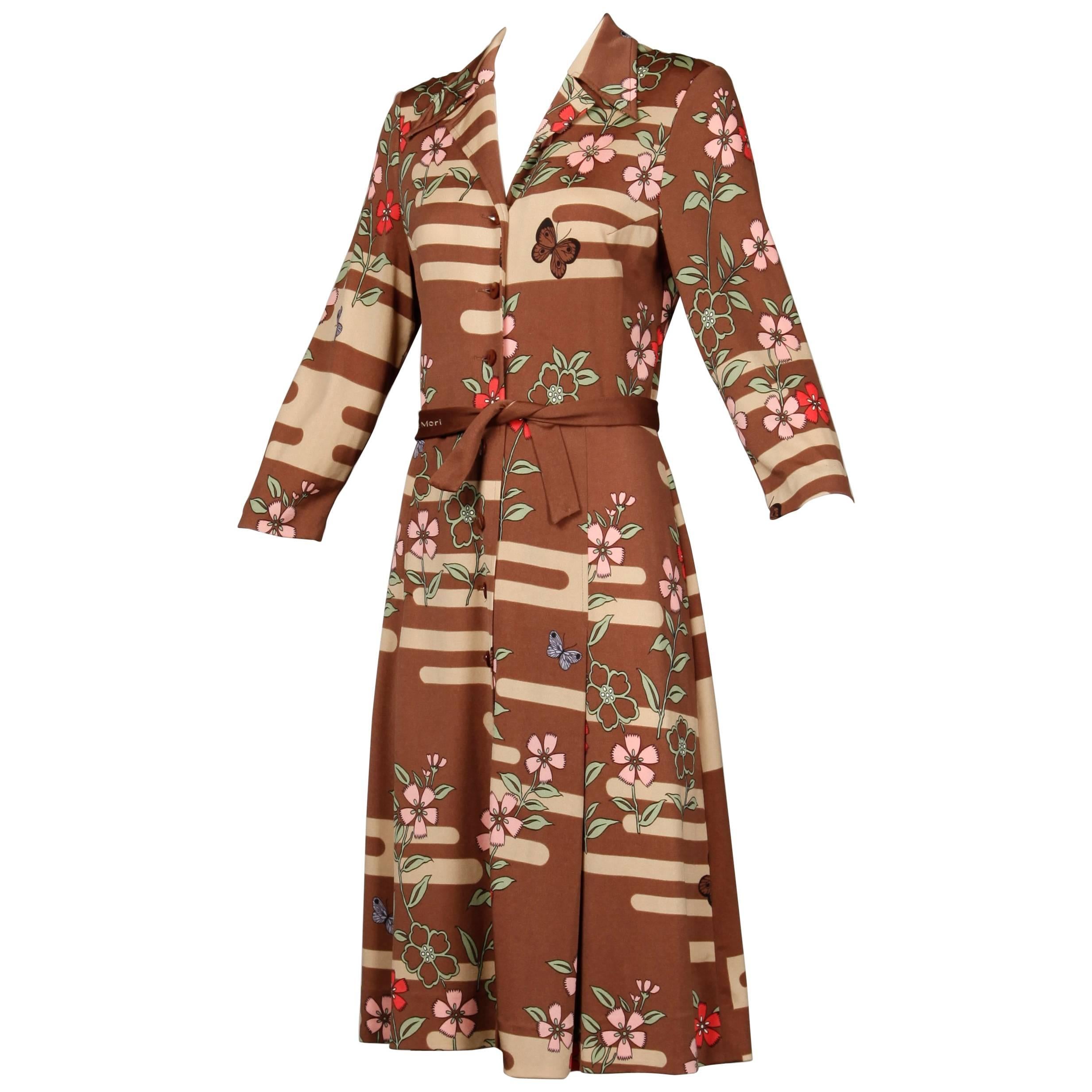 1970s Hanae Mori Vintage Shirt Dress with Butterfly Floral Print at 1stDibs