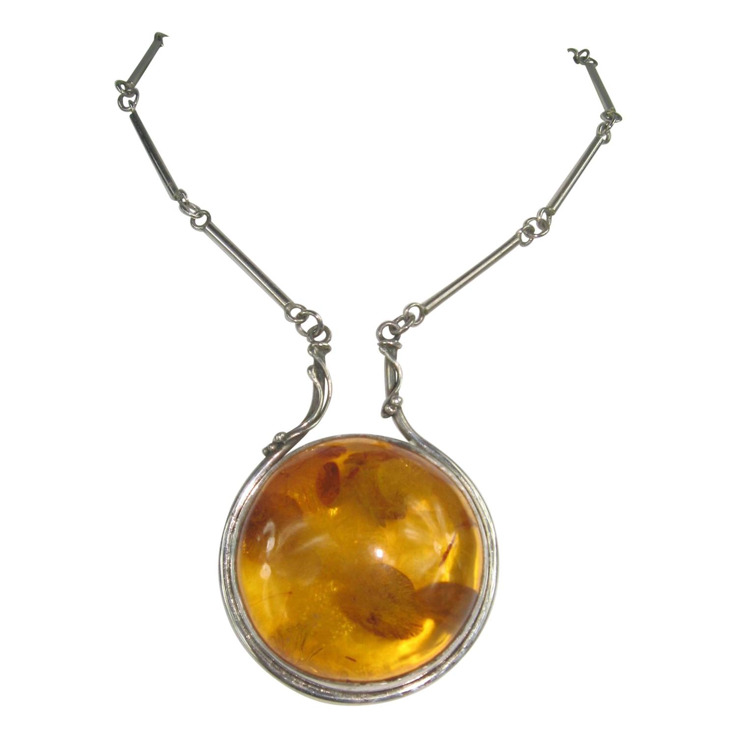 Massive Amber Sterling Silver Necklace Pendant For Sale at 1stdibs