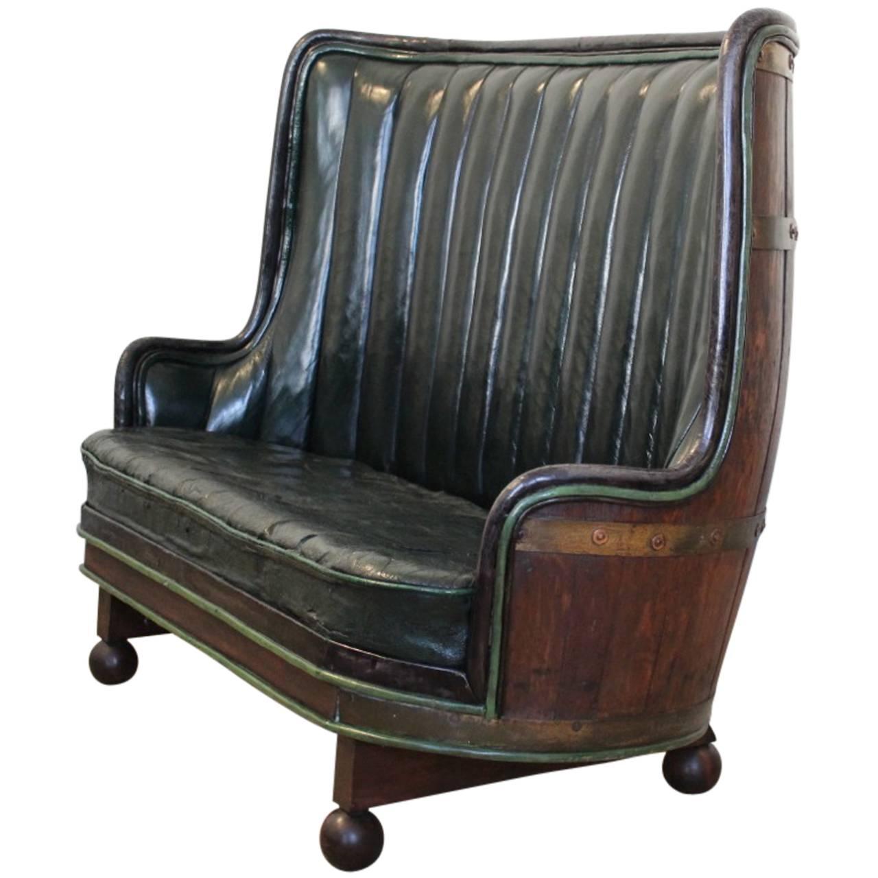 Circa 1930s Spanish Oak Barrel Sofa in Leather at 1stdibs