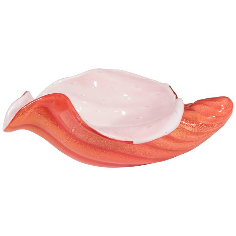 Alfredo Barbini ExtraLarge Orange and White Glass Shell Bowl at 1stdibs