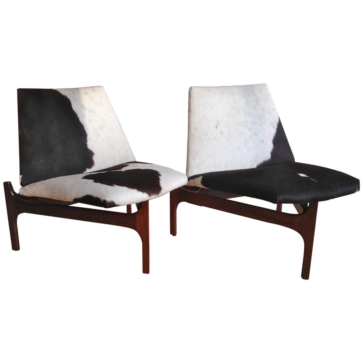 Sculptural Low Lounge Chairs with Cowhide Upholstery For Sale at 1stdibs