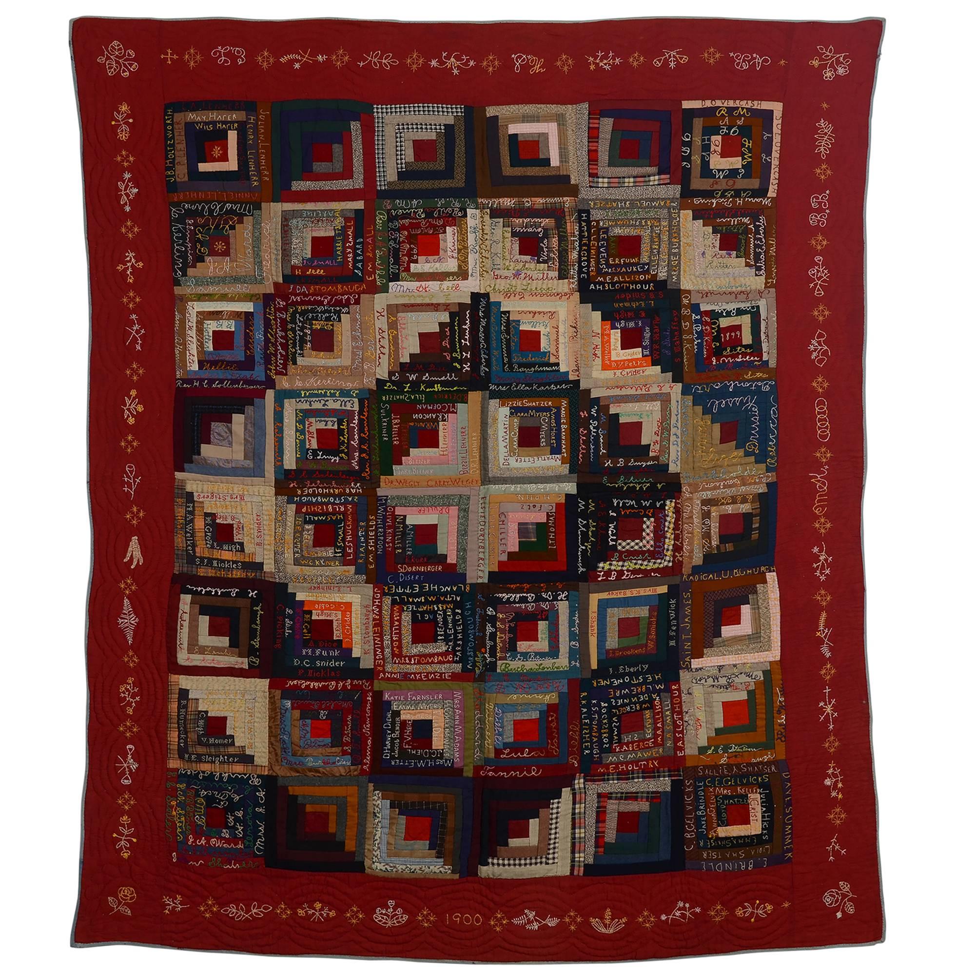 Barn Raising Log Cabin Quilt with Embroidery at 1stDibs log cabin