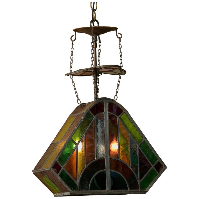 Antique Arts and Crafts Leaded Stained Glass Lantern For Sale at 1stdibs